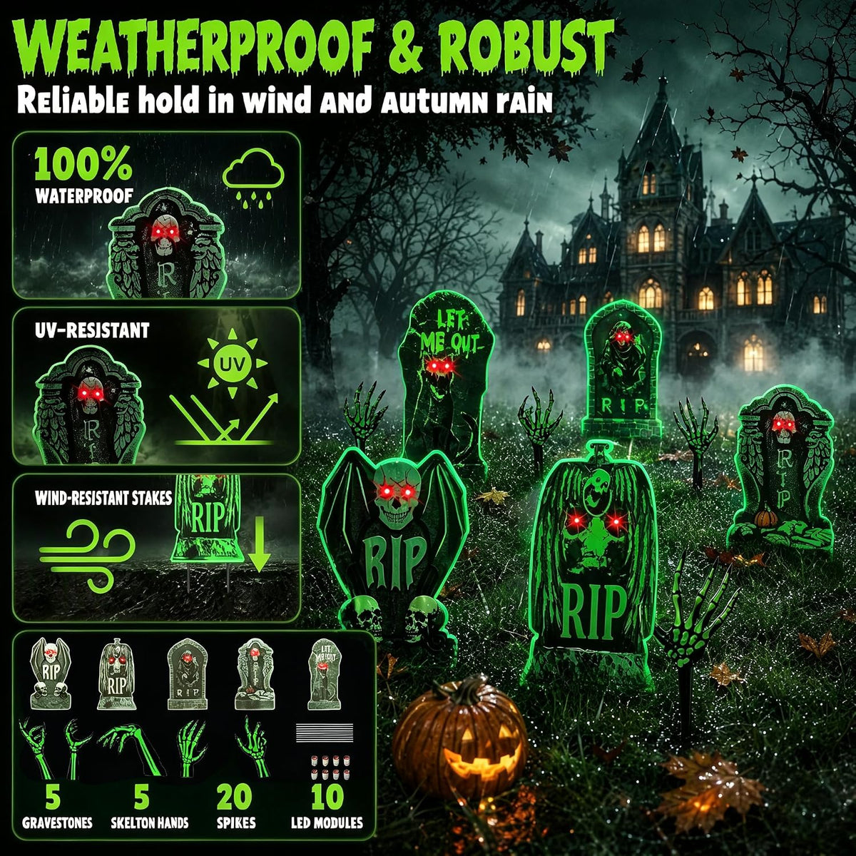 10 Pack Halloween Yard Signs, Fluorescent Skeleton Hands and Tombstones