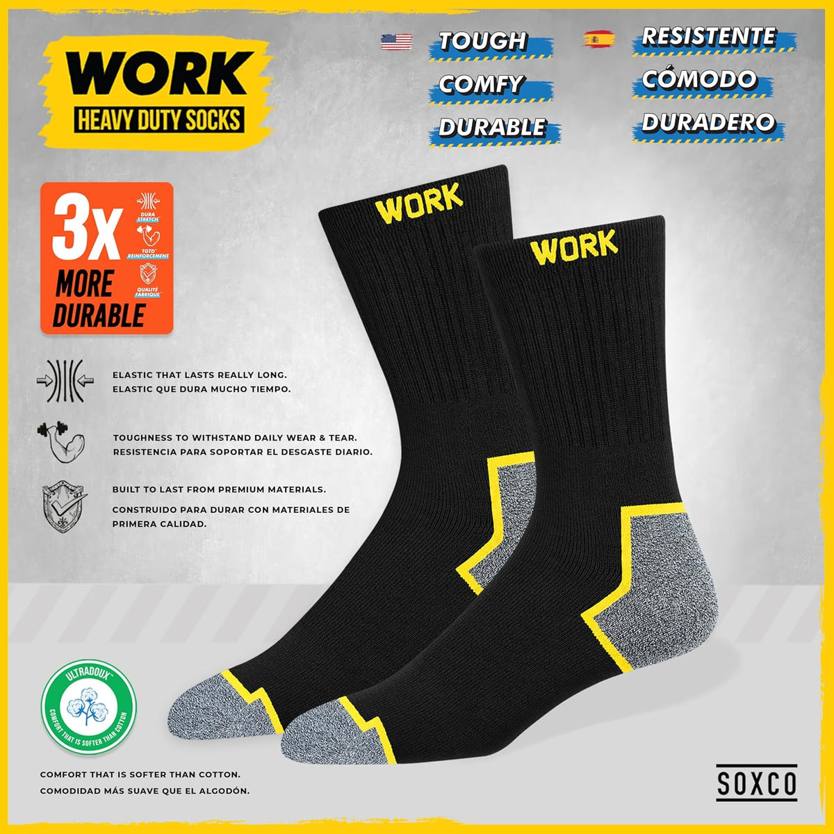 SOXCO 10 Pairs Men’s Work Socks, Black Crew Length | DRI-WIK Moisture Management Technology | Super Soft Cushioned Footbed | Reinforced Heel & Toe | Dura-Stretch Elastane | Pack of 6 or 10 Pairs