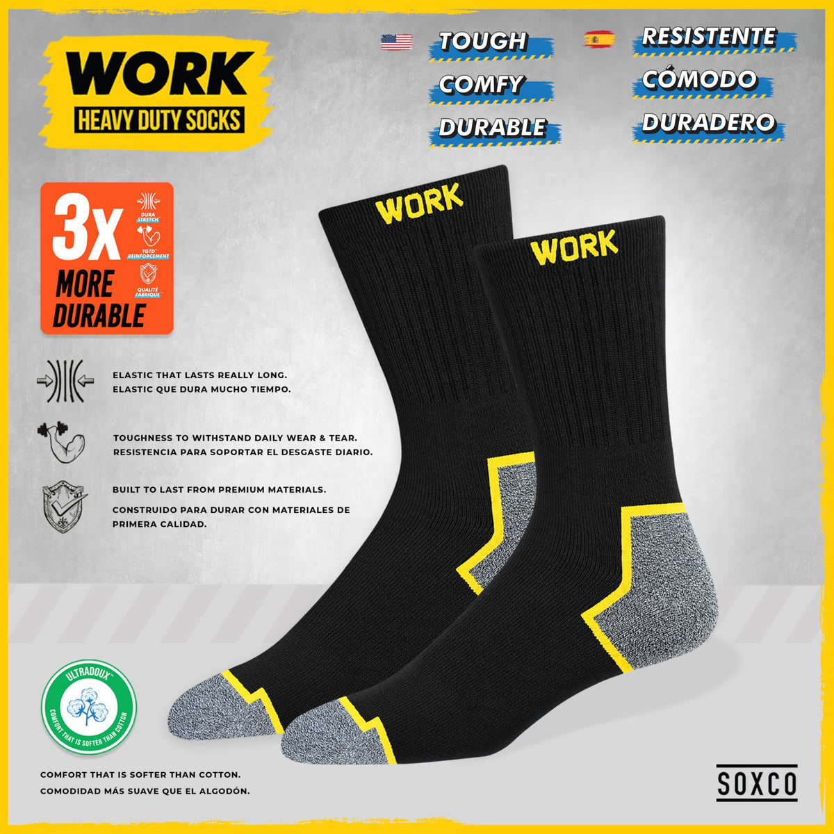 SOXCO 10 Pairs Men’s Work Socks, Black Crew Length | DRI-WIK Moisture Management Technology | Super Soft Cushioned Footbed | Reinforced Heel & Toe | Dura-Stretch Elastane | Pack of 6 or 10 Pairs