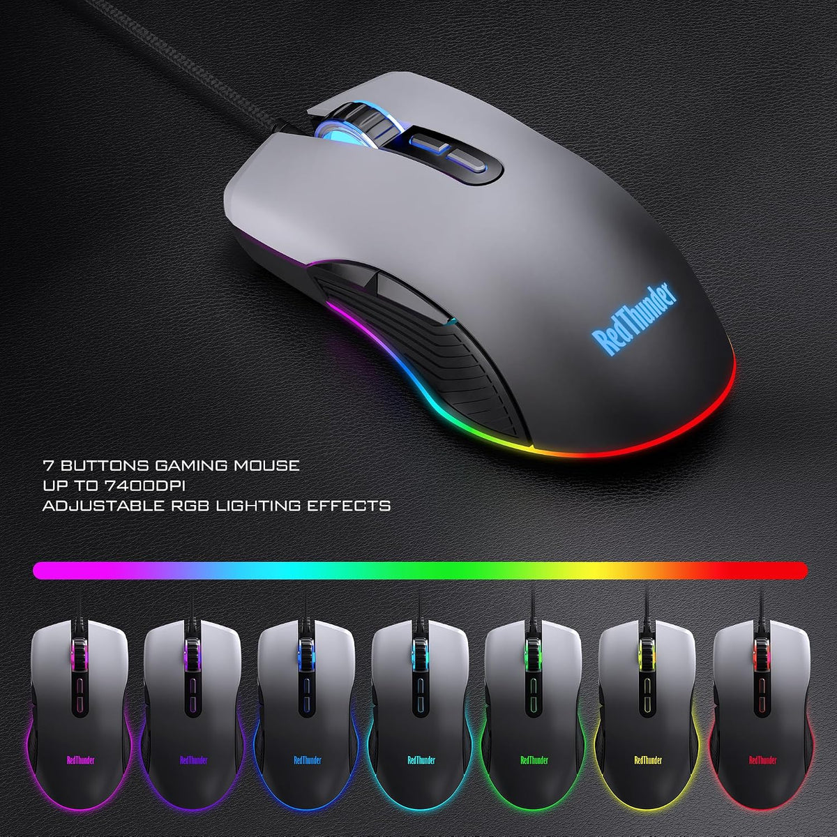 RedThunder K10 Wired Gaming Keyboard and Mouse Combo, UK Layout, True RGB Backlight, Soft Leather Wrist Rest, Ergonomic Anti-Ghosting Keyboard + 7D 7200 DPI Mouse for PC Mac (Gradient Gray)