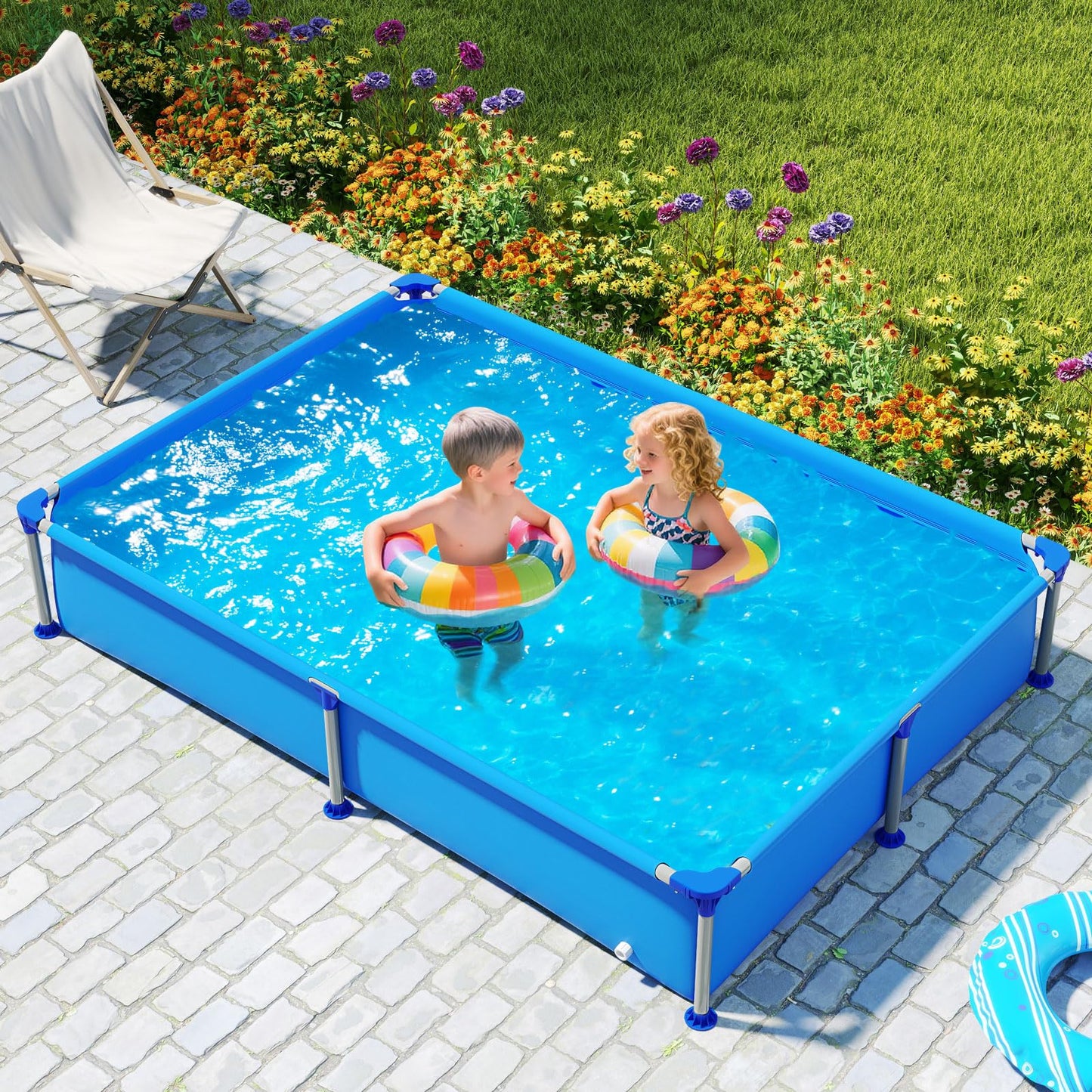 COSTWAY Above Ground Swimming Pool, Outdoor Round/Rectangular Large Framed Pool Set, Metal Frame Garden Family Pools for Kids and Adults (Gray, 300 x 207 x 66 cm, Rectangular)
