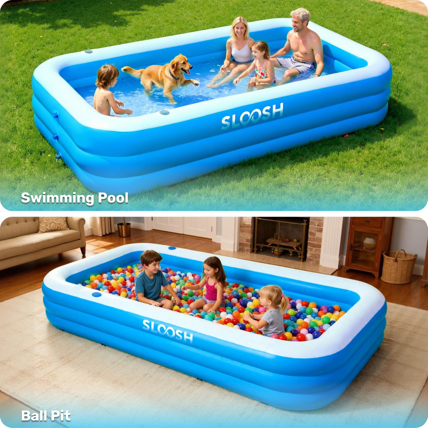 Sloosh Inflatable Swimming Pool for Adults with Seats, 304.8 x 182.8 x 55.8cm Full-Sized Blow Up Durable Thickened Above Ground Family Pool, Large Paddling Pool for Summer Water Party Garden Lawn,Blue