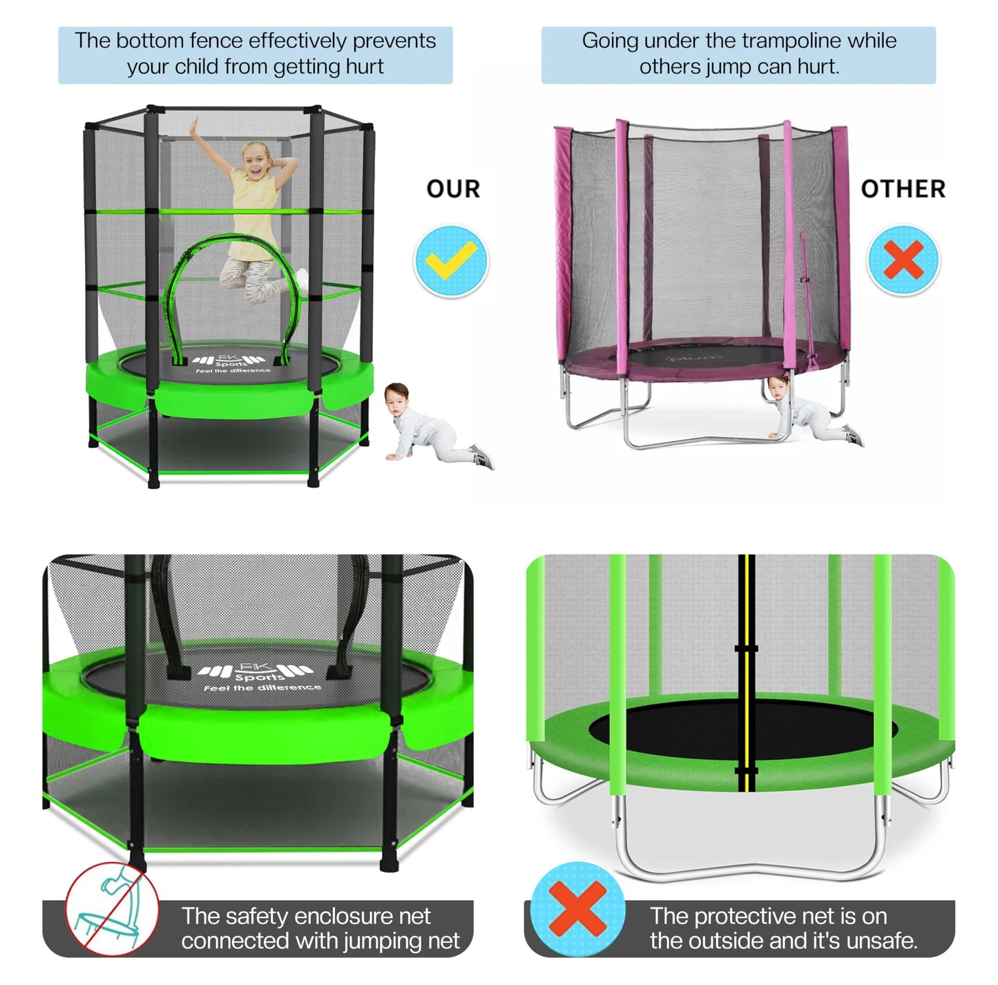 FK Sports 55" Kids Rebounder Trampoline with Safety Net — Bungee System, Max 100 kg