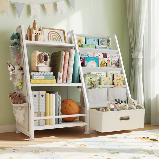 GoTiling Kids Bookshelf and Toy Storage Organizer: 3-Tier Sling Book Shelf with 3 Side Pockets for Kids Room - Toy Storage Organizer with 2 Fabric Drawers for Nursery, Bedroom, Playroom
