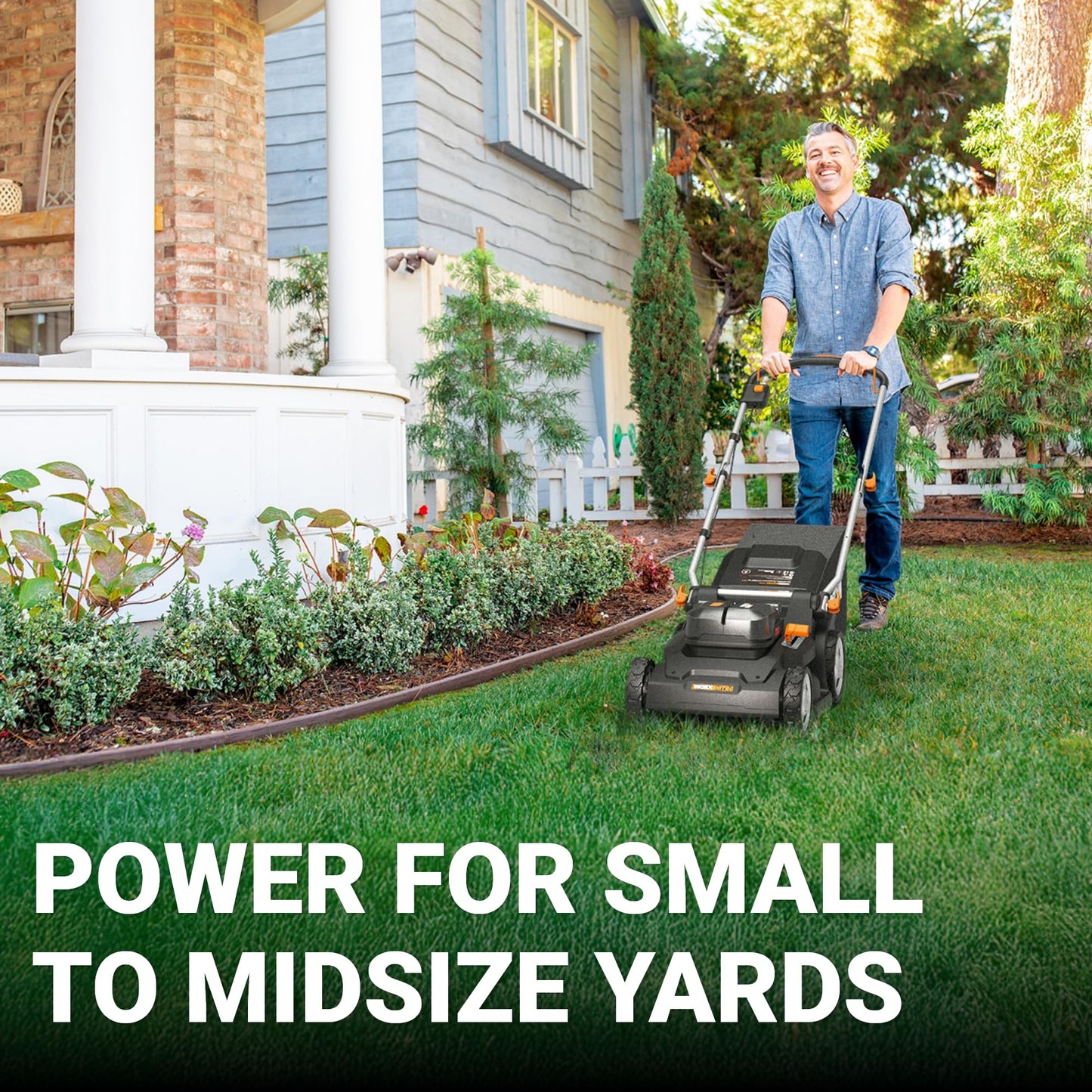 Worx WG779E.2 40V 34cm Cordless Lawnmower, ideal for Gardens up to 230㎡, Cut-to-Edge, striped Lawn Roller, foldable Handle, PowerShare, includes 2x 2.0Ah Batteries, Charger & 30L Grass collection bag