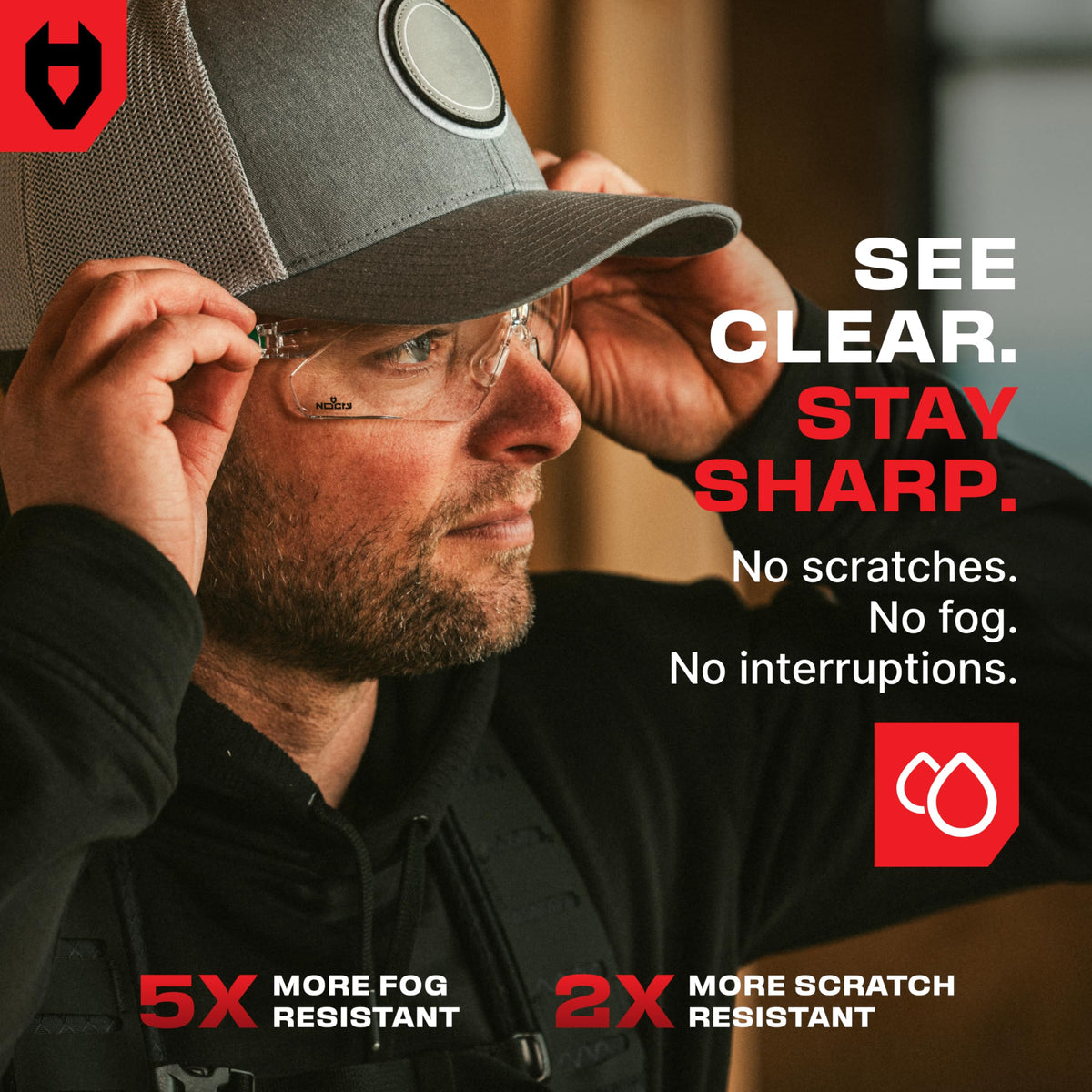 NoCry Clear Safety Glasses for Work with Anti Fog Scratch Resistant Wrap-Around Lenses and Non-Slip Grips, UV Protection. Adjustable Eye Protection Cycling and Squash Glasses with Black & Green Frames