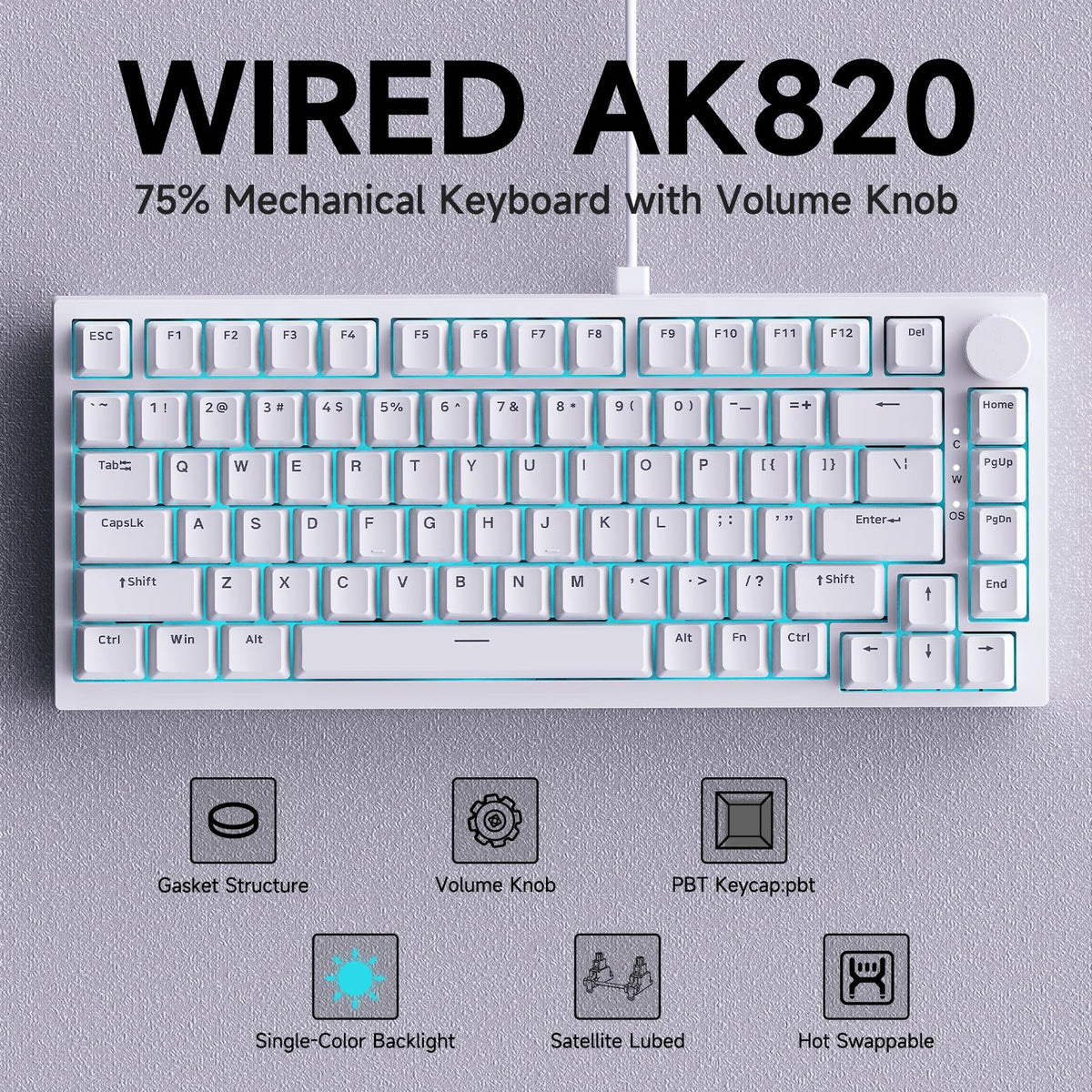 AJAZZ AK820 Wired Mechanical Keyboard, 75% Gaming Keyboard with Volume Control Knob, PBT Keycaps, 82 Keys, Five-Layer Sound Insulation Pad, South-Oriented RGB, Full-Key Hot Swap, Black Grey Yellow