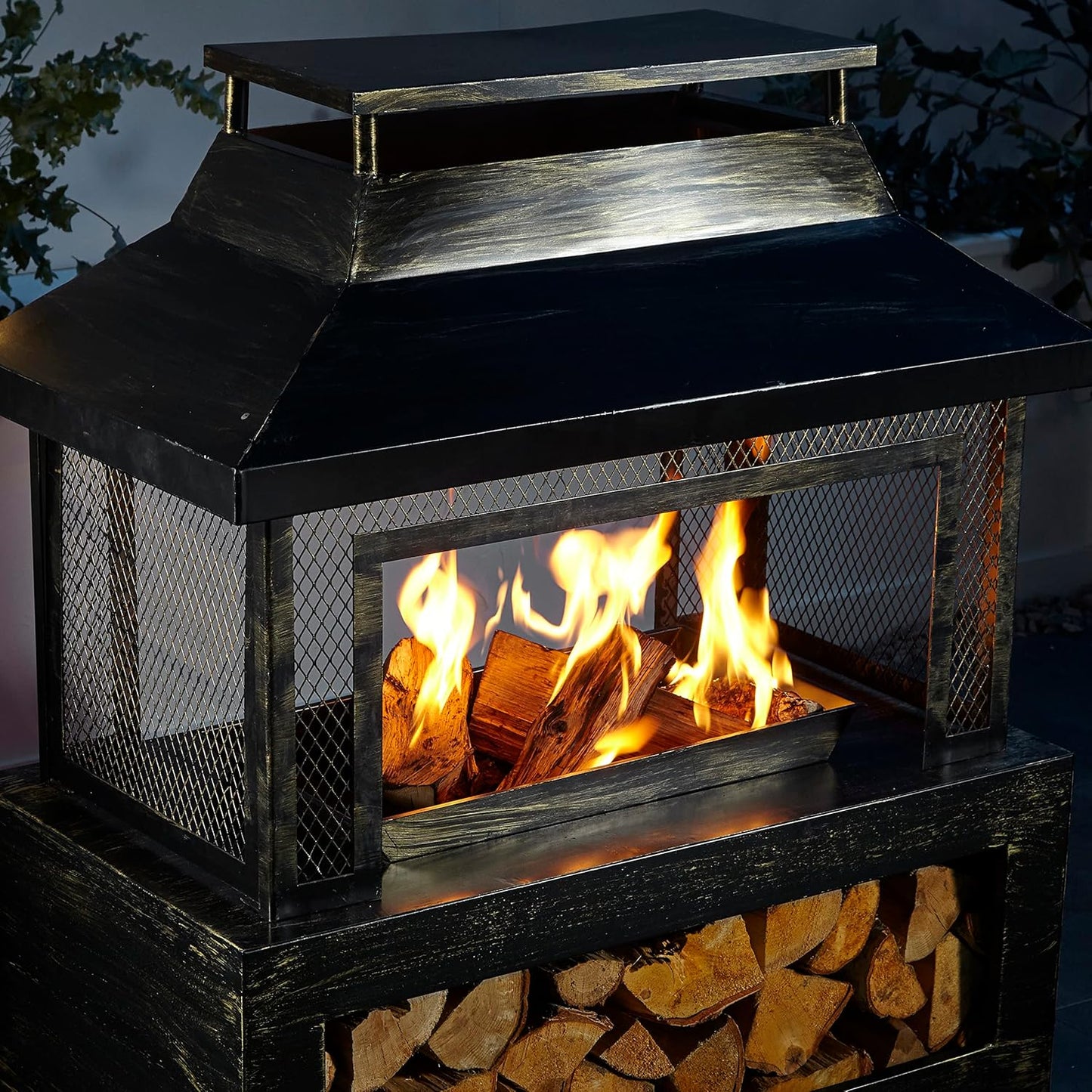Neo Black Steel Outdoor Garden Log Burner Burning Fire Pit Chiminea Heater Stove Mesh Surround Storage