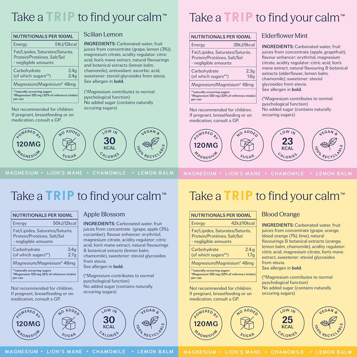 TRIP Calm Magnesium Drink, Sparkling Mocktail, Ultimate Sampler Mix, 12pack