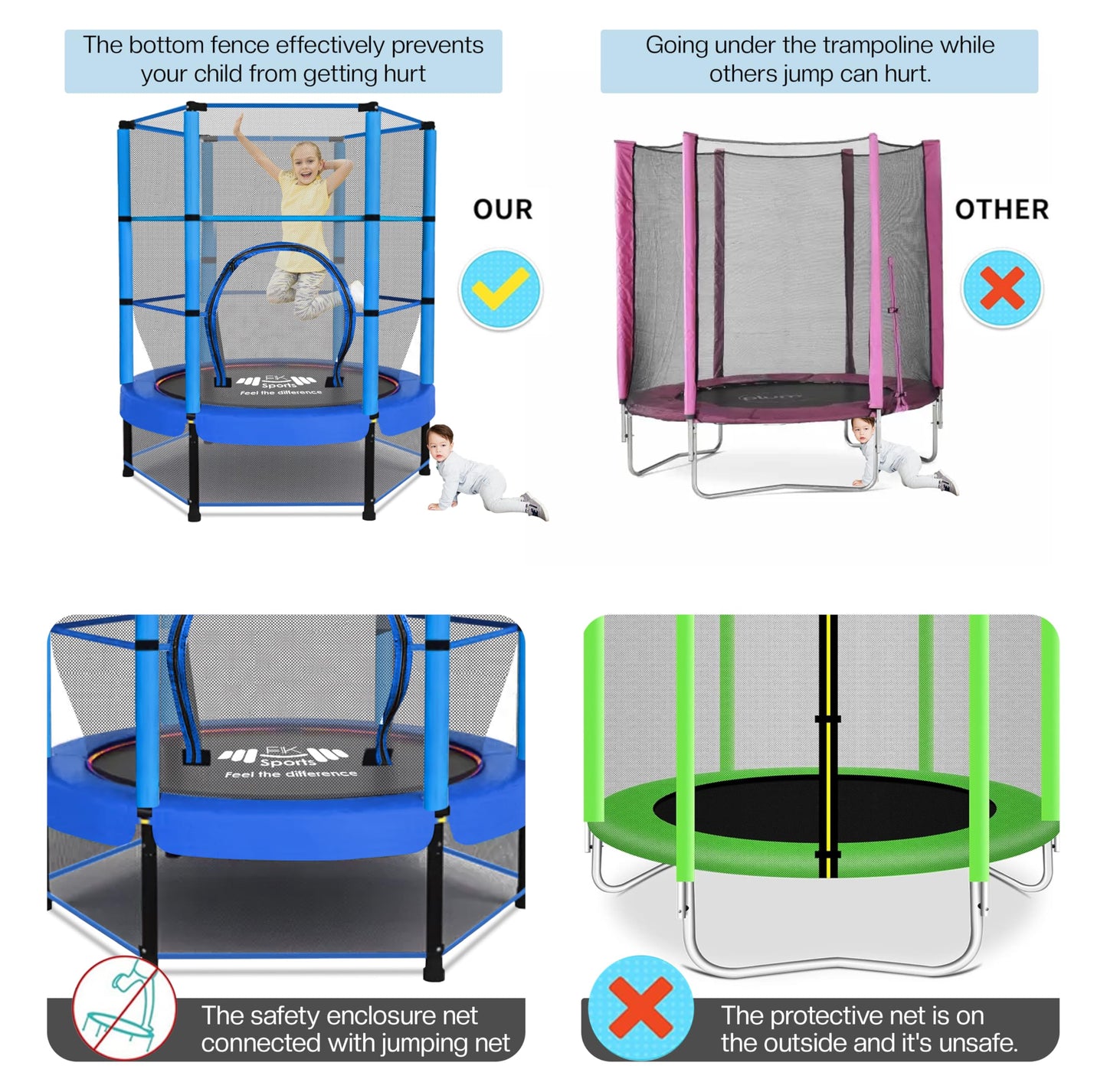FK Sports 55" Kids Rebounder Trampoline with Safety Net — Bungee System, Max 100 kg