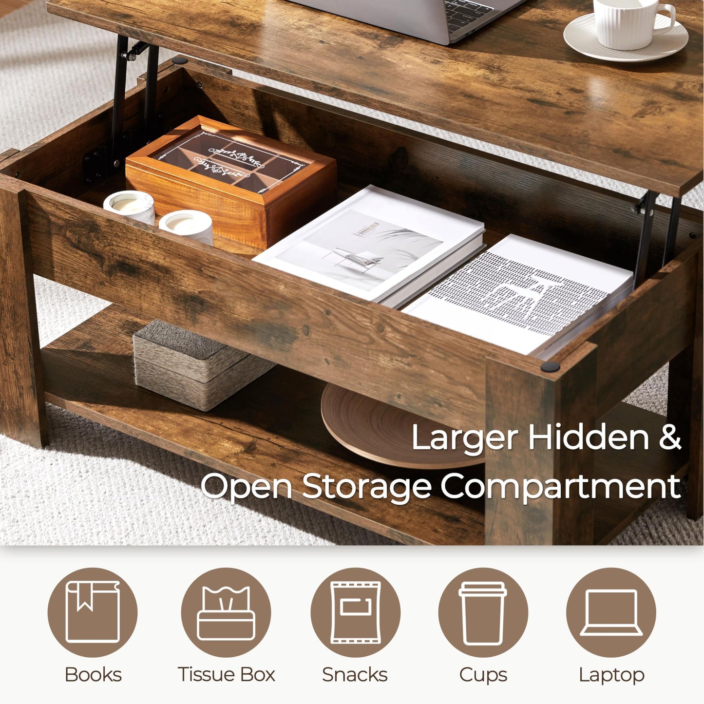 Yaheetech Lift Up Coffee Table, Wooden Lifting Coffee Table with Hidden Storage Drawer and Open Shelf, Space-saving Tea Tables for Living Room/Reception, Espresso