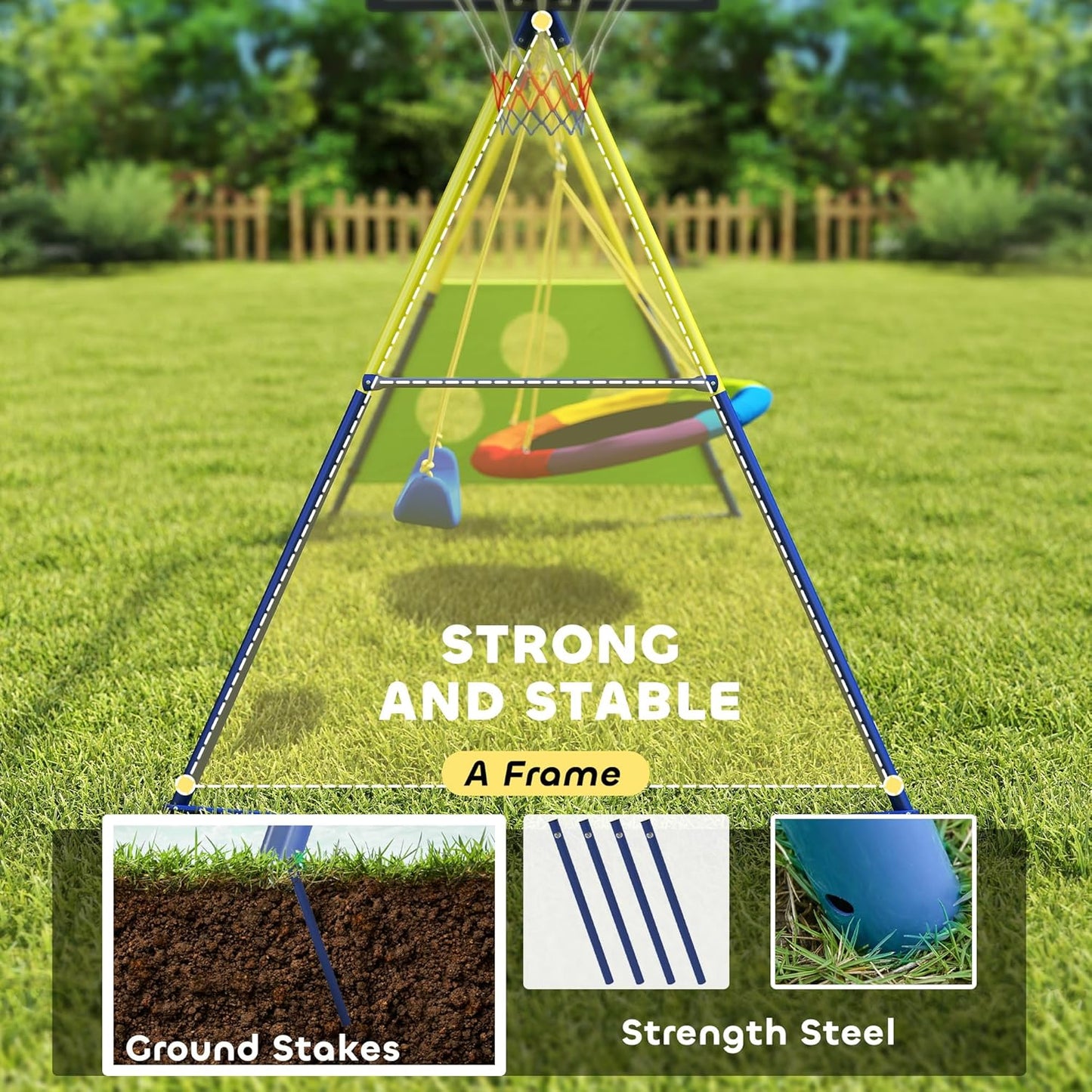 AIYAPLAY 4-in-1 Kids Swing Set with Saucer Swing, Basketball Hoop and Football Goal, Outdoor Playground Playset with Heavy-Duty Metal Frame for Garden, Ages 3-8, Multicolour