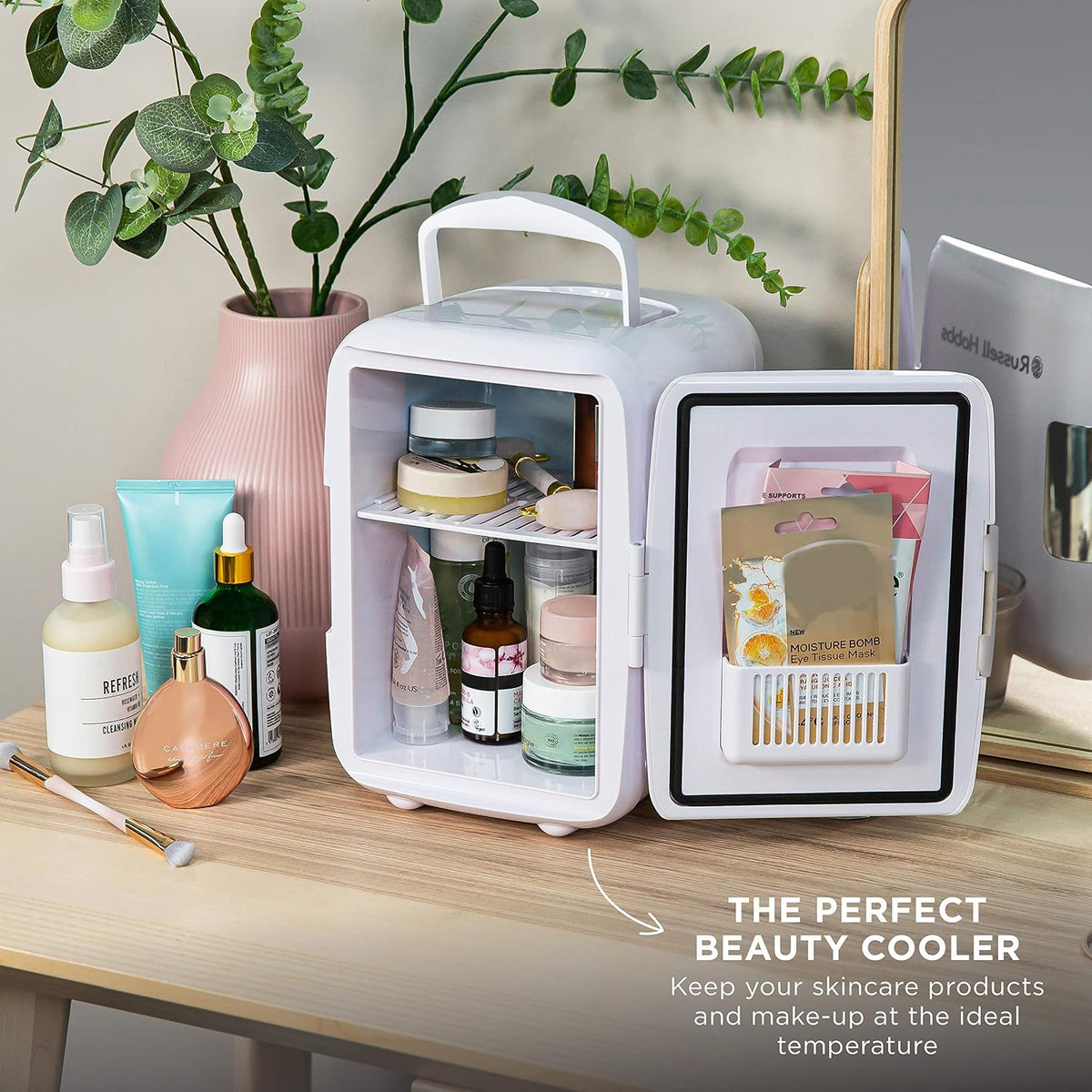 Russell Hobbs RH4CLR1001 4L/6 Can Portable Mini Cooler & Warmer for Drinks, Cosmetics/Makeup/Skincare, AC/DC Power, Retro Style, White, For Bedroom, Home, Caravan, Car