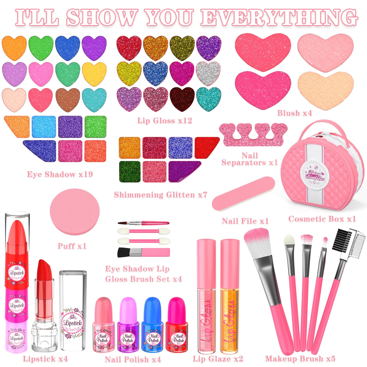 66 Pcs Kids Makeup Sets For Girls with Portable Stand,Make Up Starter Kit Children Princess Pretend Play Games Toys Presents,Little Girl Birthday Gifts Set For Age 3 4 5 6 7 8 9 10 11 12 Years Old