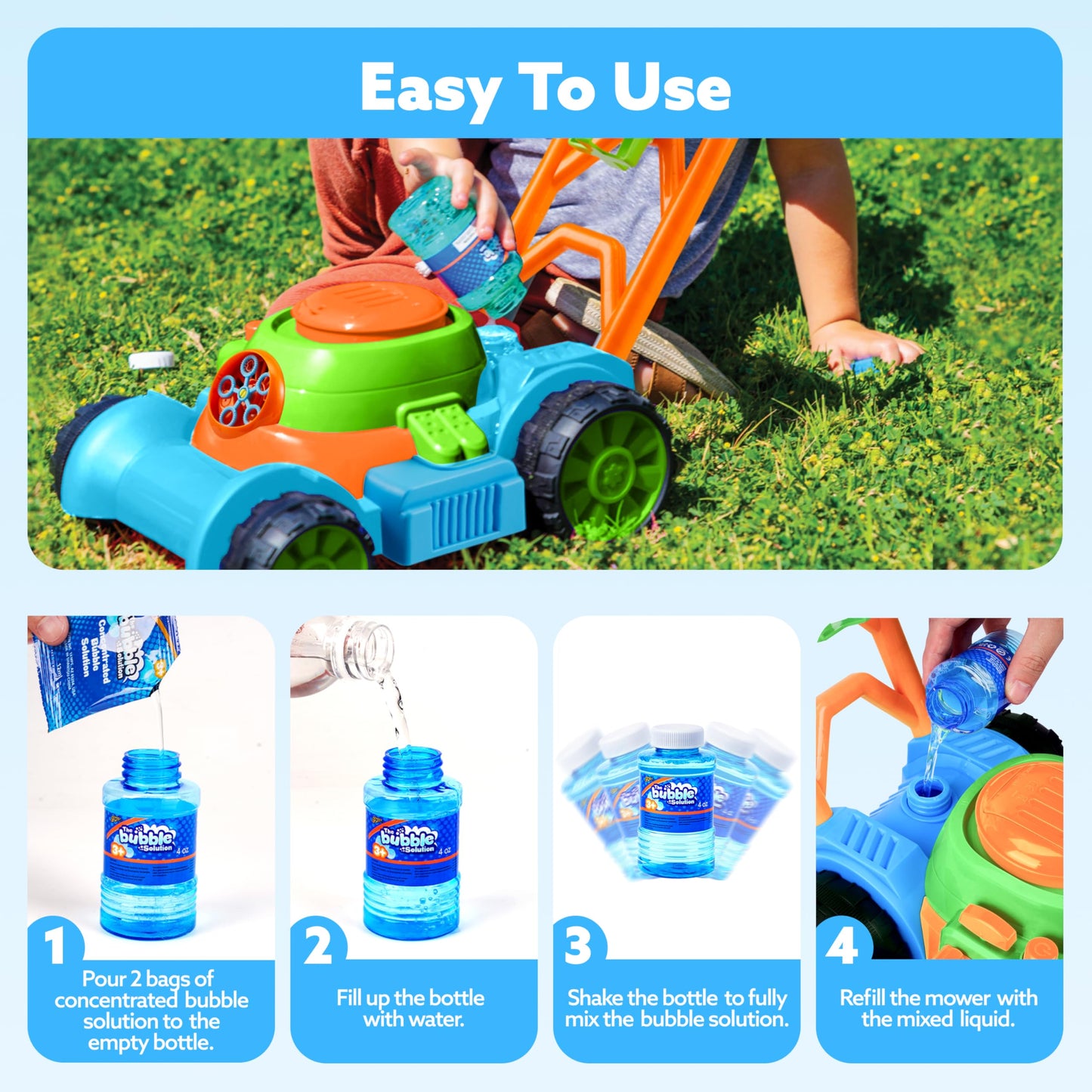 SLOOSH Bubble Lawn Mower Toddler Toys for Kids Bubble Machine Summer Outdoor Push Toy Games, Backyard Garden Outside Play Toddlers Preschool Boys Girls Birthday Gifts (Blue)