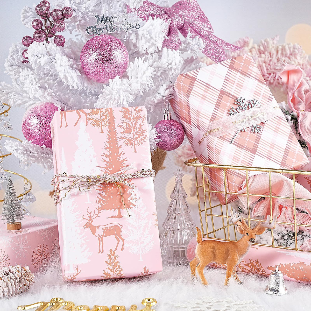 RUSPEPA Christmas Wrapping Paper Roll - Mini Roll - 3 Rolls - 43.2cm x 3m Per Roll - Bird, Christmas Garland, Holly and Pinecones Holiday Design with Metallic Foil Shine
