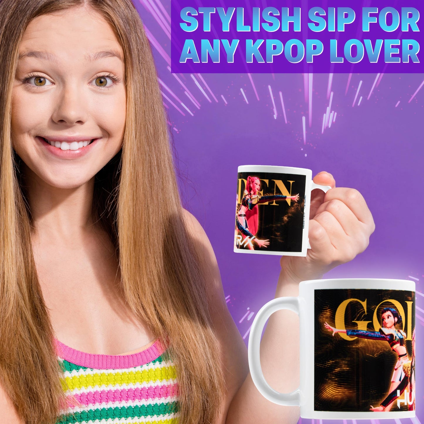 KPop Demon Hunters Official Huntrix Mug, 11oz Ceramic Cup for Girls, Teens & Adults, Rumi Mira Zoey Tea Coffee Cup, Gifts for Her (Black Huntrix)