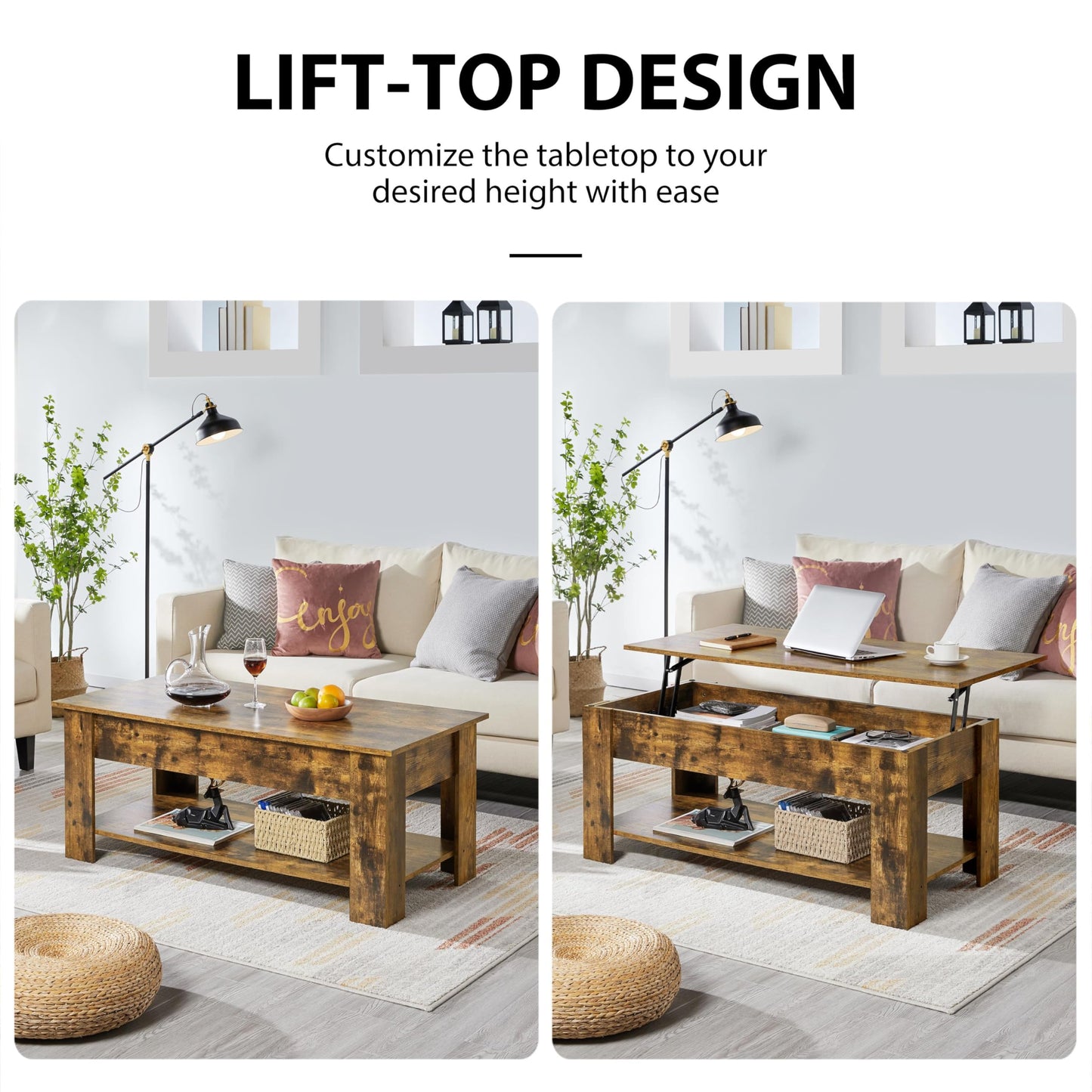 Yaheetech Lift Up Coffee Table, Wooden Lifting Coffee Table with Hidden Storage Drawer and Open Shelf, Space-saving Tea Tables for Living Room/Reception, Espresso
