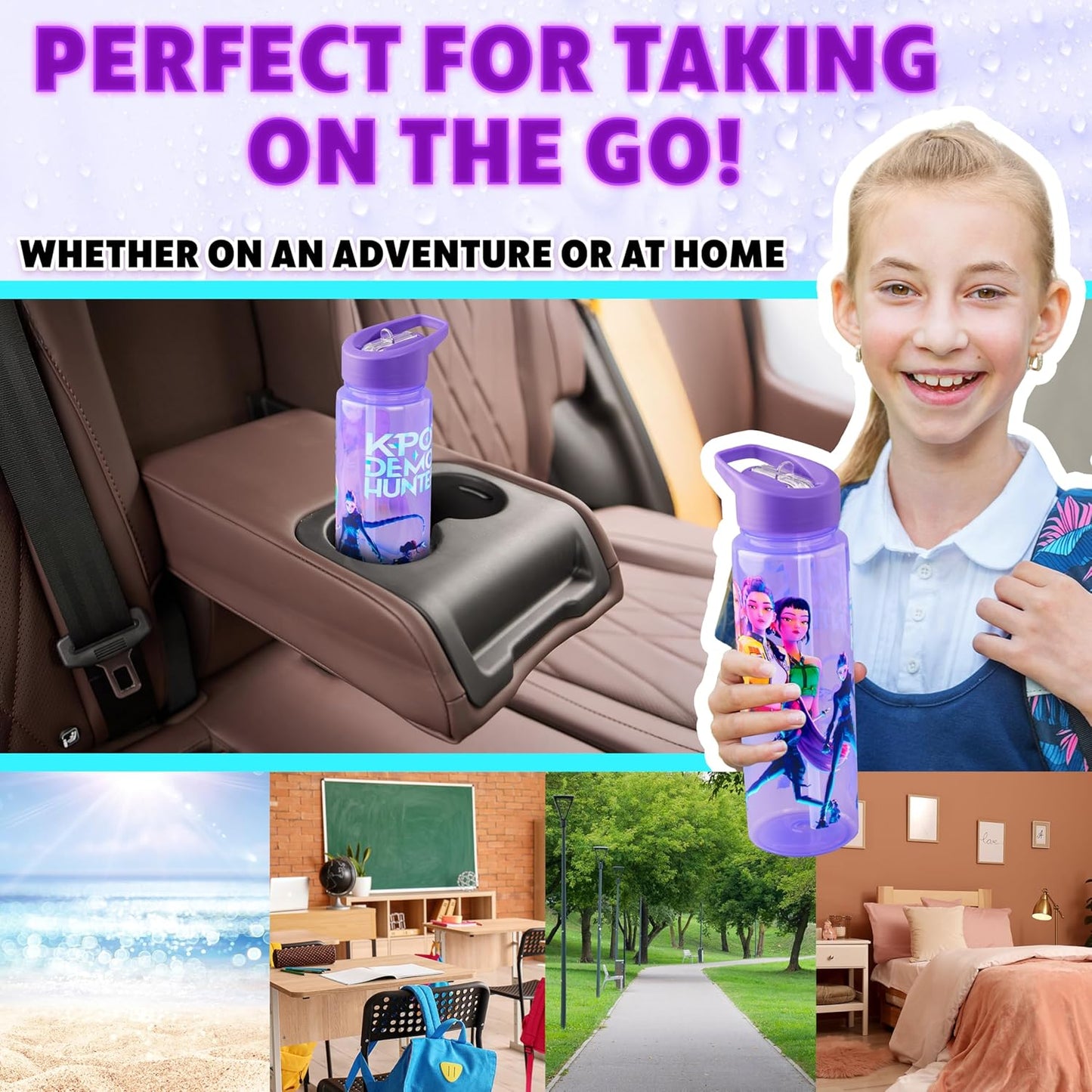 KPop Demon Hunters Water Bottle for Girls 25oz/700ml, Huntrix BPA Free Plastic Water Bottle with Straw, Rumi Zoey Mira Kpop Merchandise Gifts