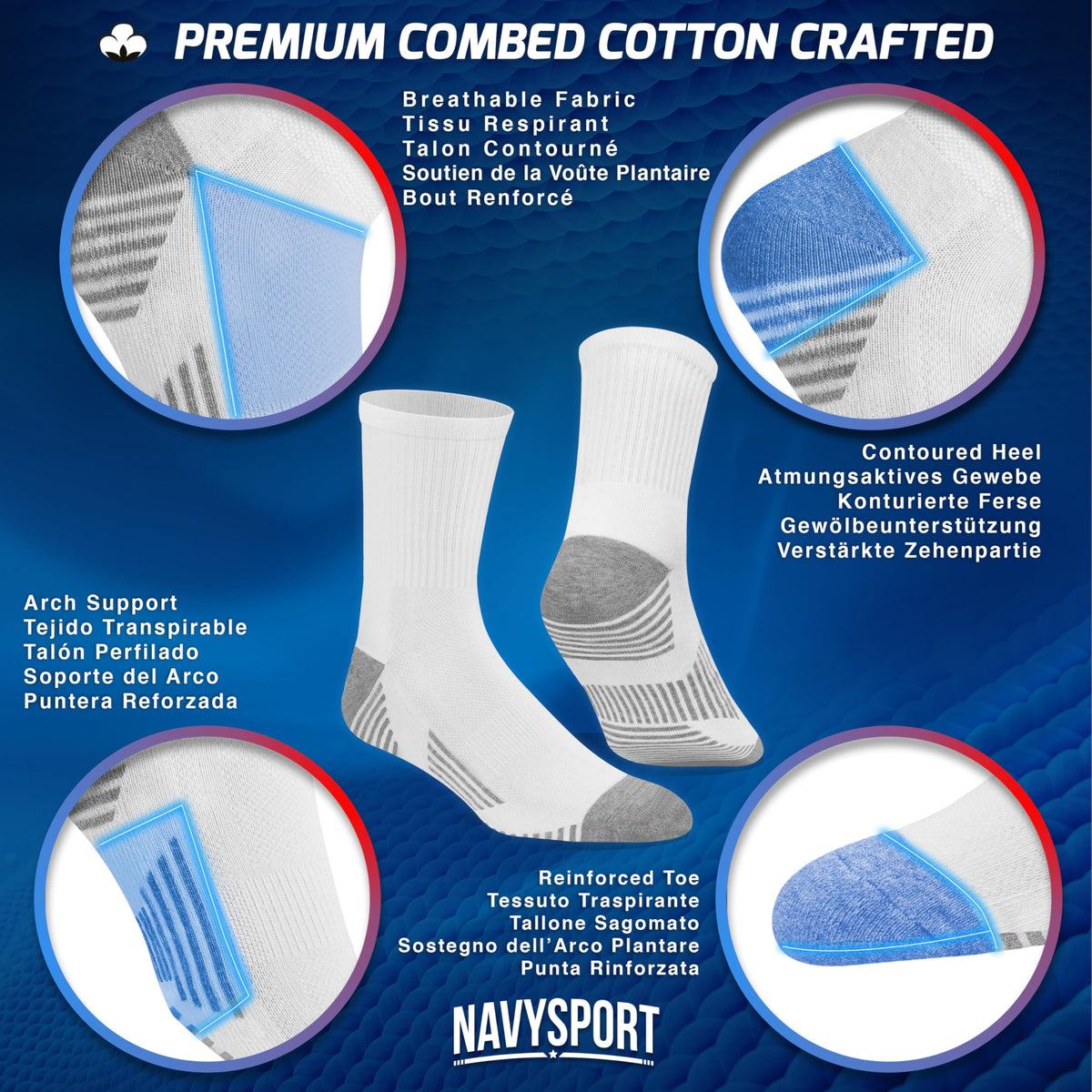 NAVYSPORT Men's Cotton Sports Socks, Pack of 6 Pairs