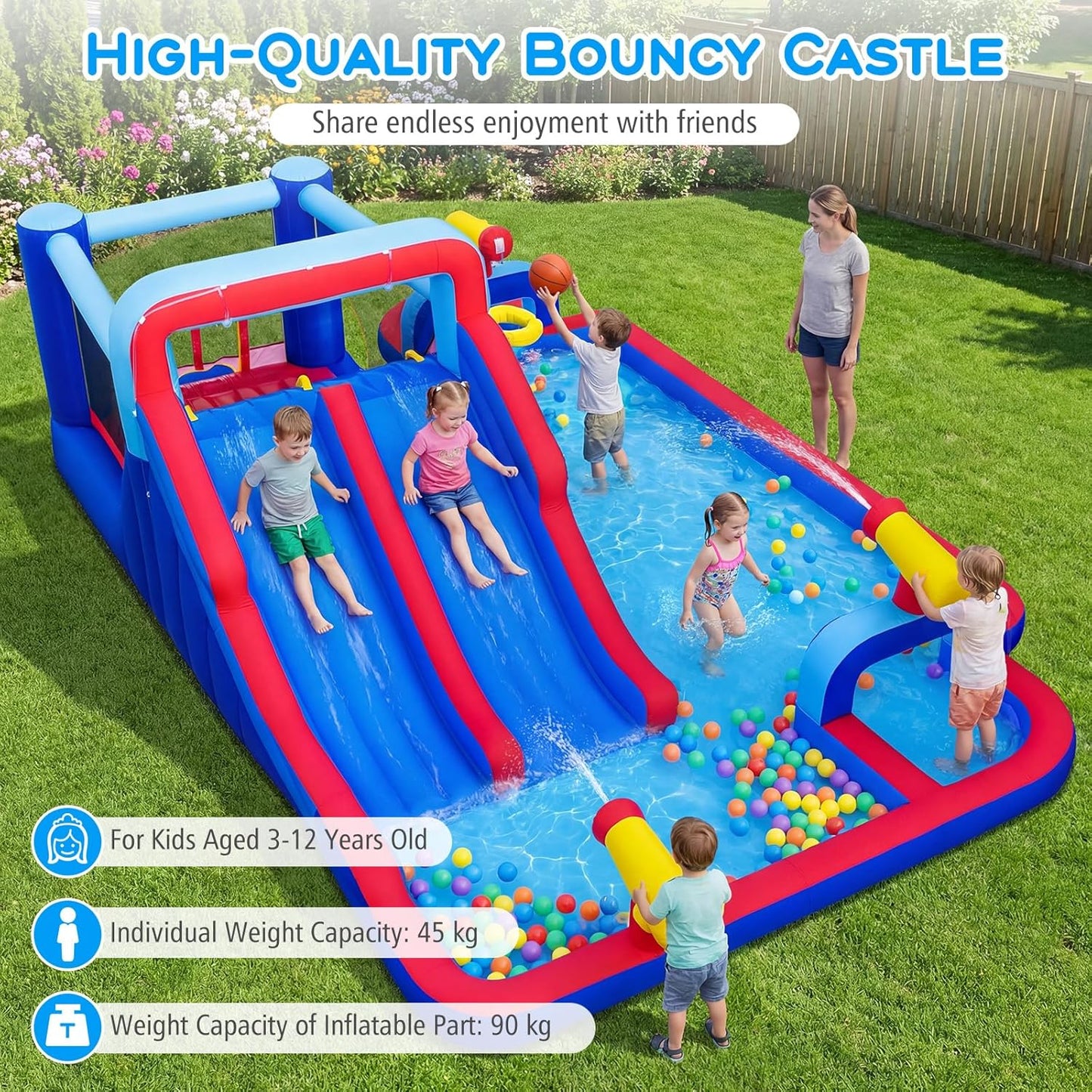 COSTWAY 5-in-1 Inflatable Water Park with Dual Slides, Climbing Wall & Splash Pool — Ages 3-12