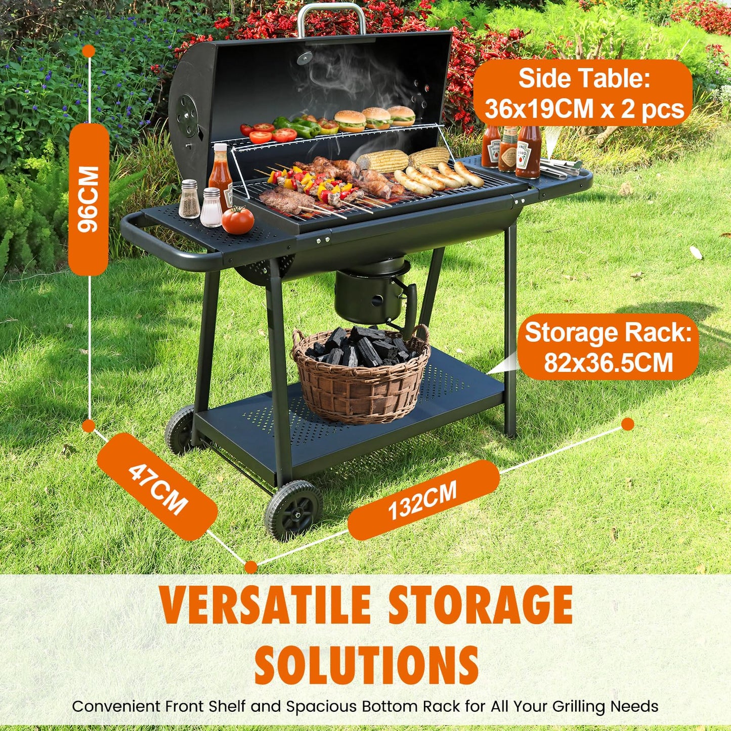 Charcoal BBQ Grill With Offset Smoker: Large Oil Drum Barbecue Barrel Grill For Outdoor Garden