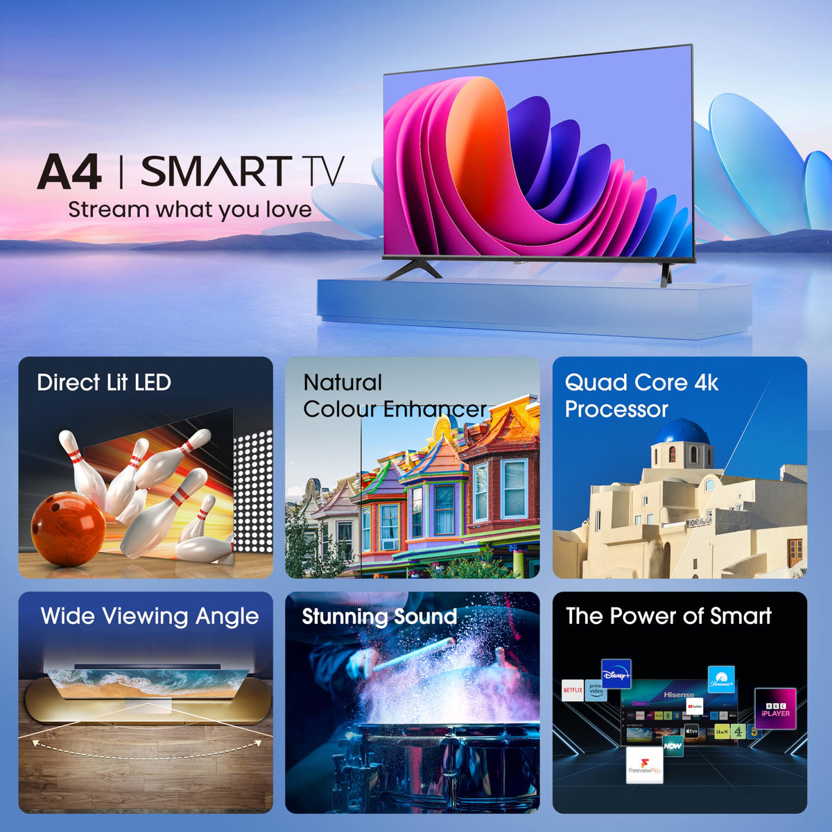 Hisense 40" 40A4QTUK FHD LED TV with Freely - Direct Lit LED, Dolby Audio, Natural Colour Enhancer, Games Mode, Sports Mode, Disney +, YouTube, Netflix