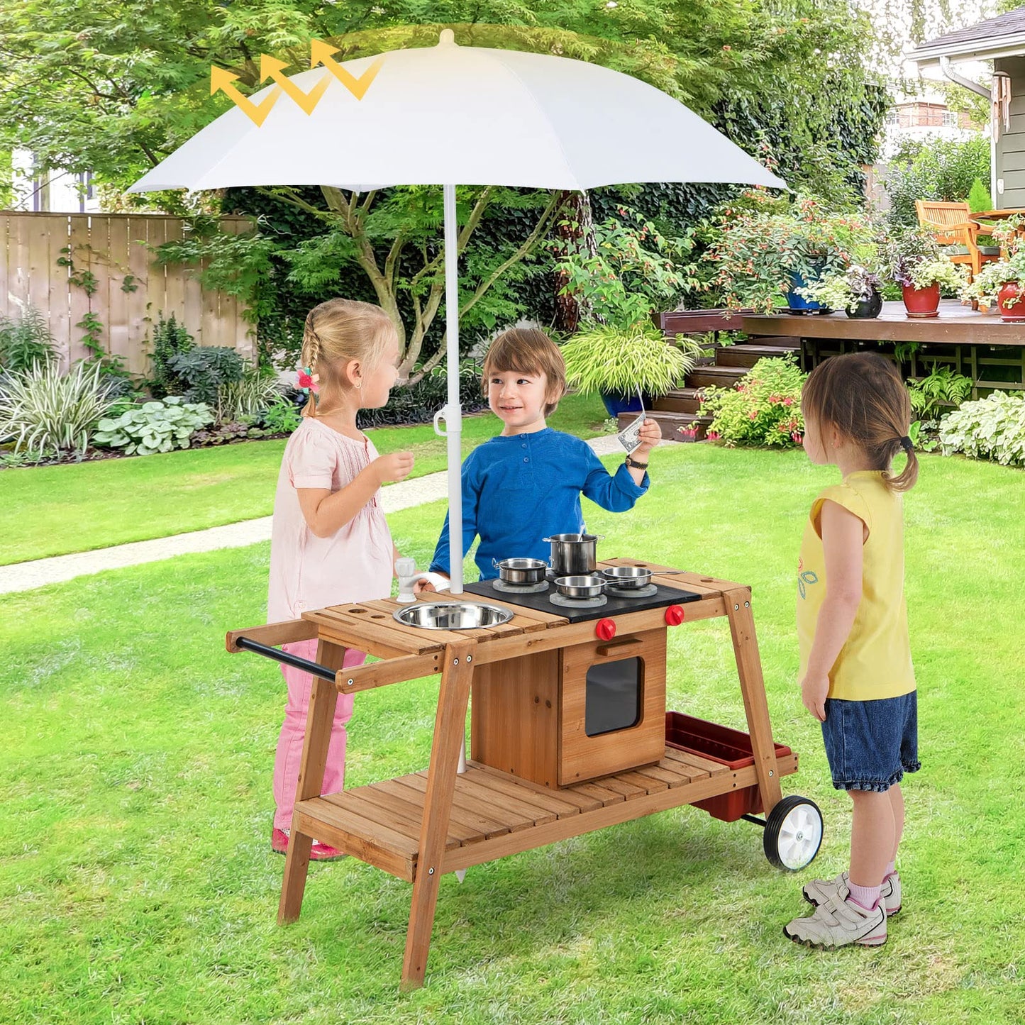 COSTWAY Wooden Mud Kitchen, Outdoor Kitchen Playset with Umbrella, Sink, Storage Cabinet and Accessories, Wheeled Role Pretend Cooking Cart for Kids Toddlers (Natural+White)