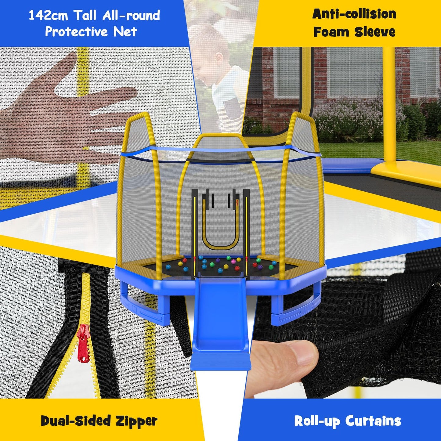 COSTWAY 7ft Kids Trampoline, Hexagonal Trampolines with Slide, Ladder, Safety Enclosure Net and Ocean Balls, Toddler Jumping House for Indoor Outdoor