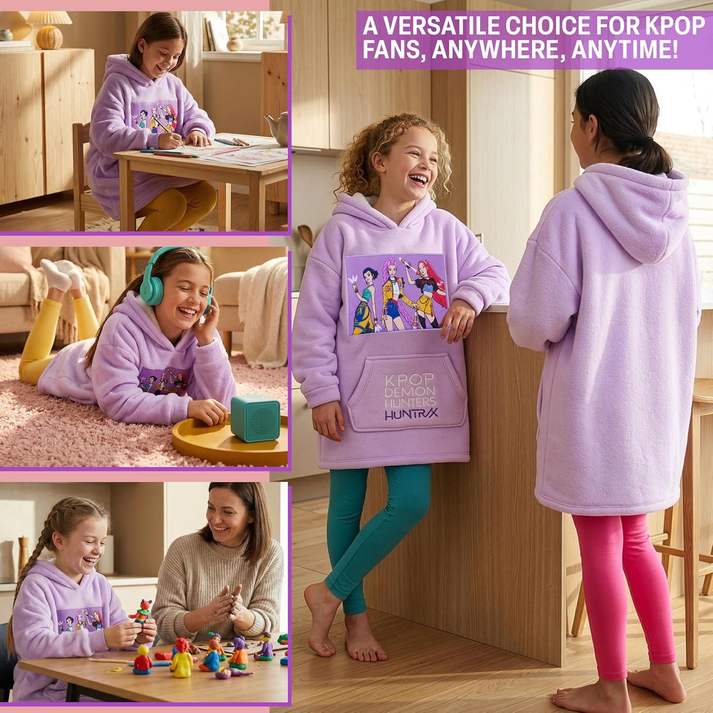 KPop Demon Hunters Official Huntrix Oversized Hoodie for Girls 6-14 Yrs, Sherpa Fleece Hooded Jumper, Rumi Mira Zoey Gifts Light Purple
