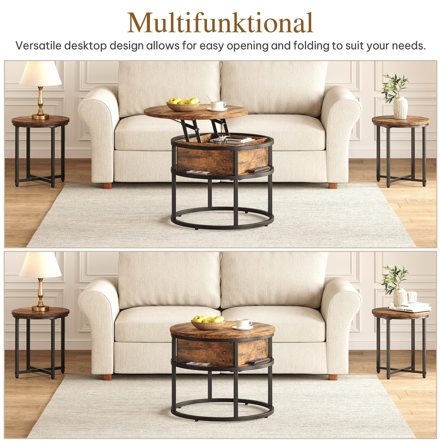 YITAHOME Coffee Table with Lift Top, lift up Coffee Table Round with Hidden Storage Compartment, 60x60x47cm