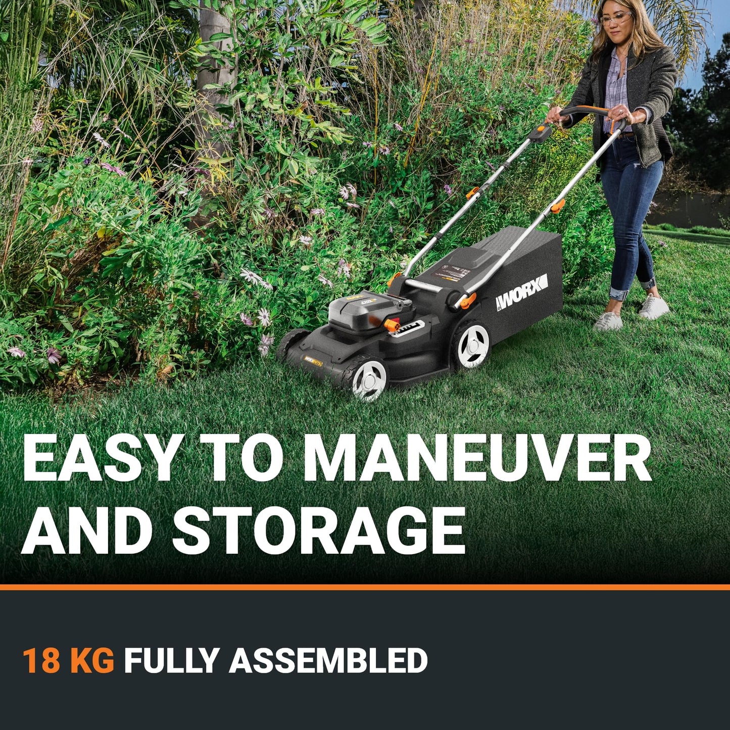 Worx WG779E.2 40V 34cm Cordless Lawnmower, ideal for Gardens up to 230㎡, Cut-to-Edge, striped Lawn Roller, foldable Handle, PowerShare, includes 2x 2.0Ah Batteries, Charger & 30L Grass collection bag