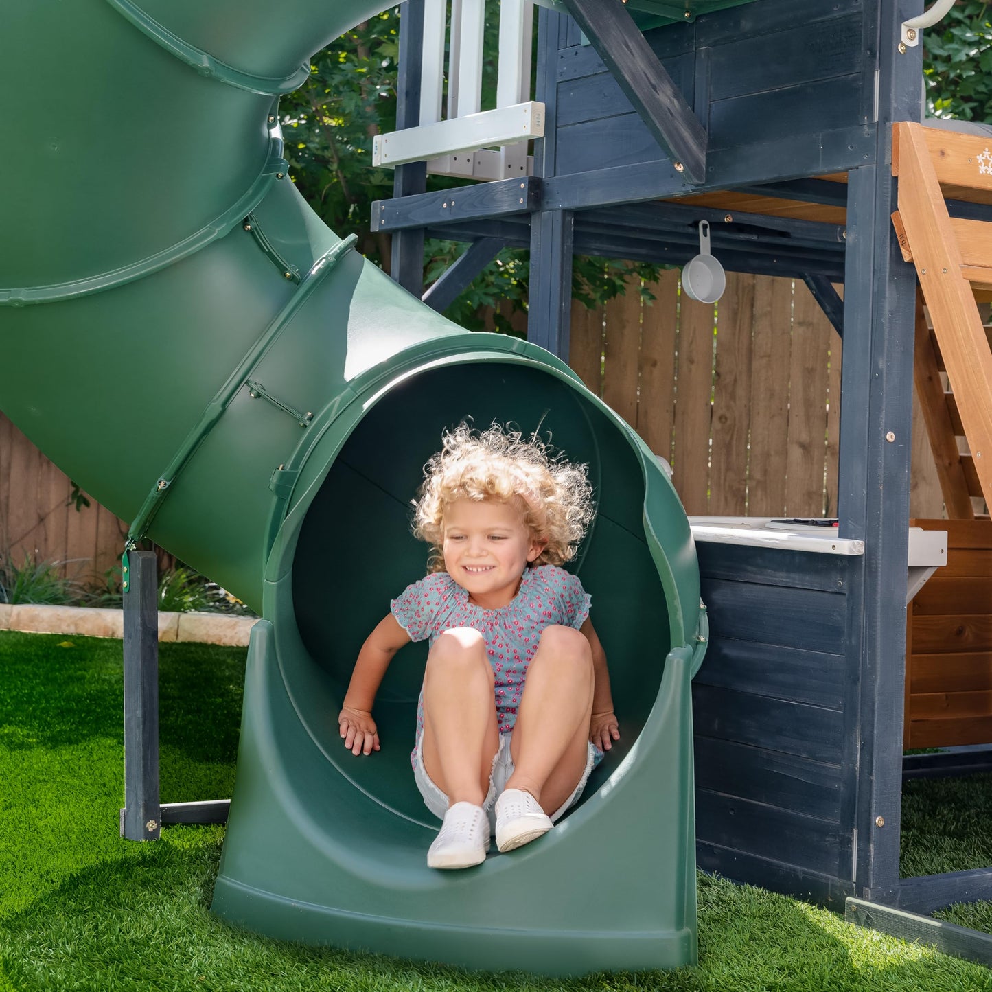 KidKraft Wooden Playhouse with Tube Slide – 2 Storey Outdoor Playground for Kids, Climbing Frame with Turbo Tube Slide & Rock Wall, Garden Play Tower