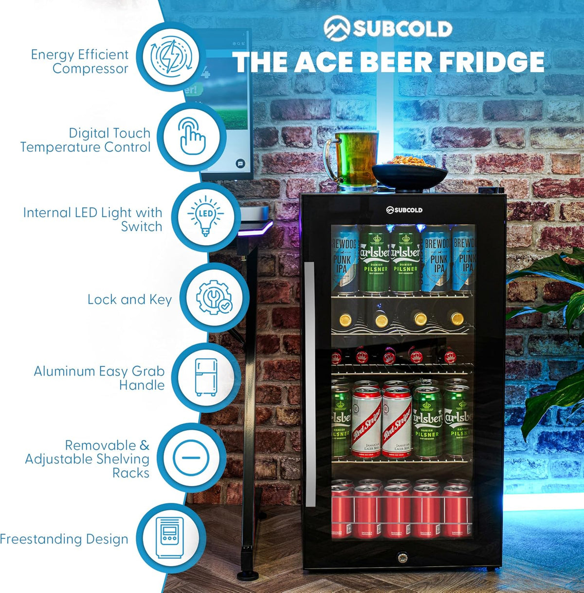 Subcold Ace90 LED Touch Control Beer Fridge With Glass Door | Premium Drinks & Wine Fridge | Black Alu Handle, Auto Defrost, Lockable | 91 Cans | Ideal for Home Bar Undercounter