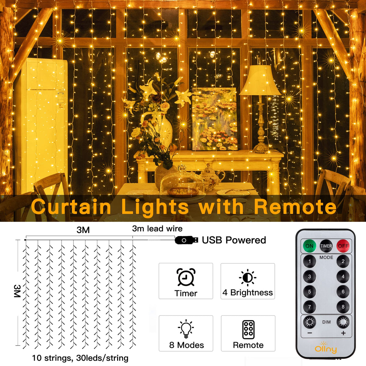 Ollny Curtain Fairy Lights, 200 LEDs 2mx2m Window String Lights Multicolour
