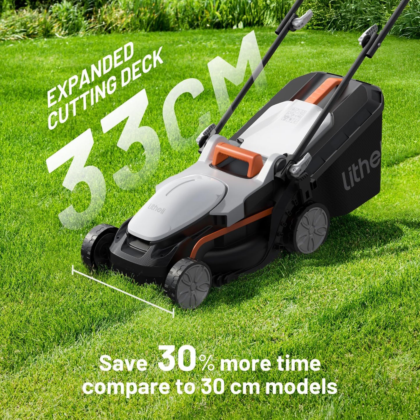 Litheli Cordless Lawnmower, 20V/33cm Cutting Width, Battery Lawn Mower, 5 Cutting Heights, 30L Grass Box, Incl. 4.0Ah Battery