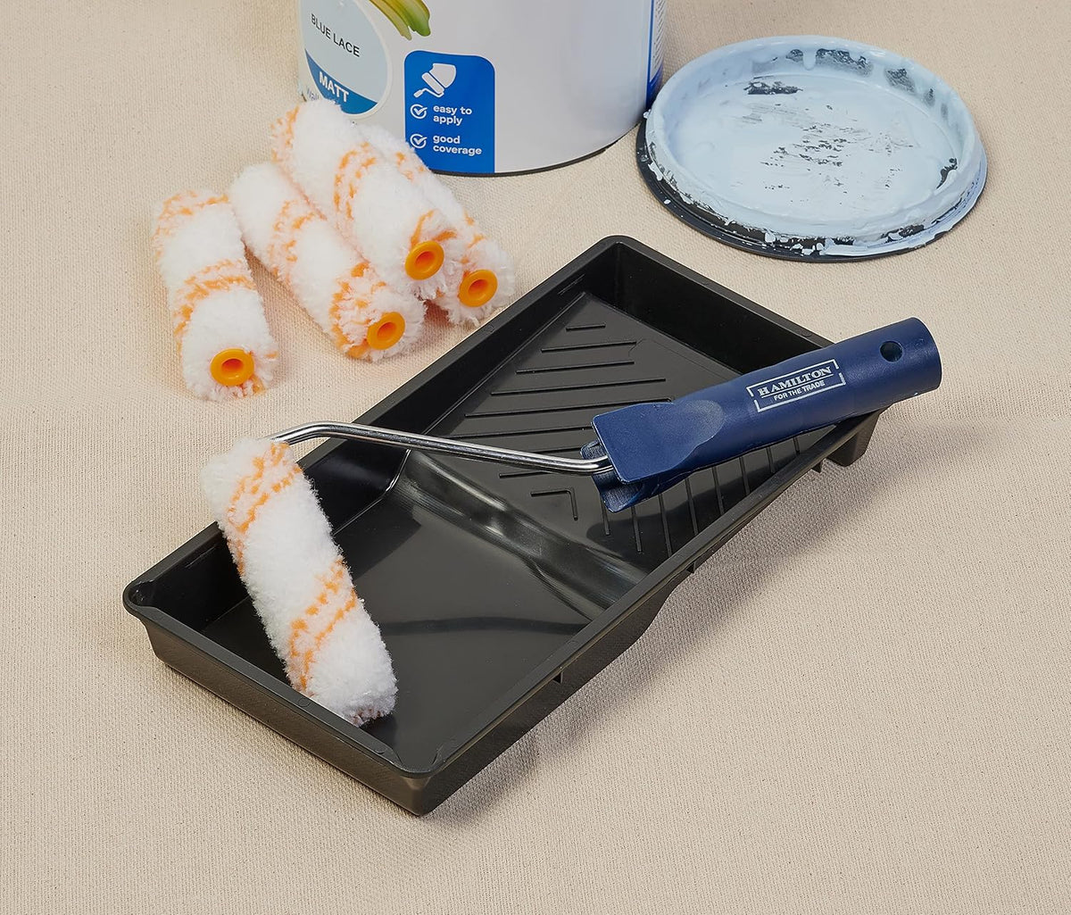 Hamilton for The Trade 7 Piece Medium Pile Paint Roller Set with Tray, 4", White/Orange/Blue