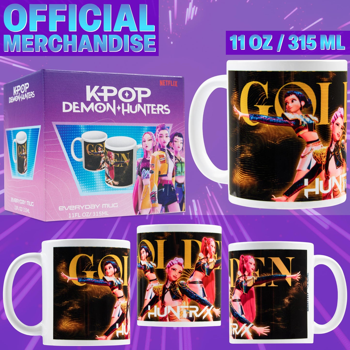 KPop Demon Hunters Official Huntrix Mug, 11oz Ceramic Cup for Girls, Teens & Adults, Rumi Mira Zoey Tea Coffee Cup, Gifts for Her (Black Huntrix)