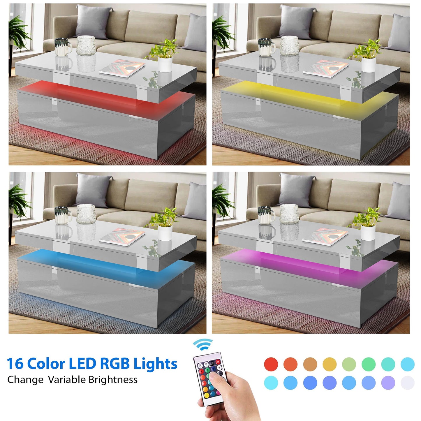Blisswood High Gloss Coffee Table for Living Room, Rectangle Centre Table with 2 Drawer Storage, Modern Wooden Tea Table with LED RGB Lights for Home, Office & Living Room Furniture - White