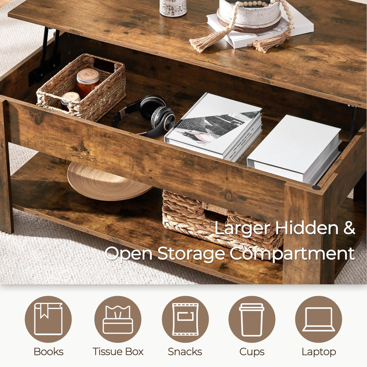Yaheetech Lift Up Coffee Table, Wooden Lifting Coffee Table with Hidden Storage Drawer and Open Shelf, Space-saving Tea Tables for Living Room/Reception, Espresso