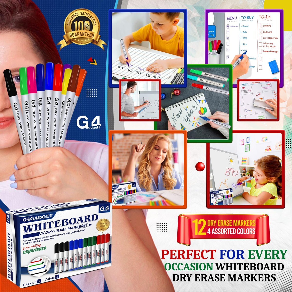 G4GADGET Nice Style Pack of 10 Non-Toxic Ink Black Colour Whiteboard Dry Wipe Marker Pens Bullet Tip