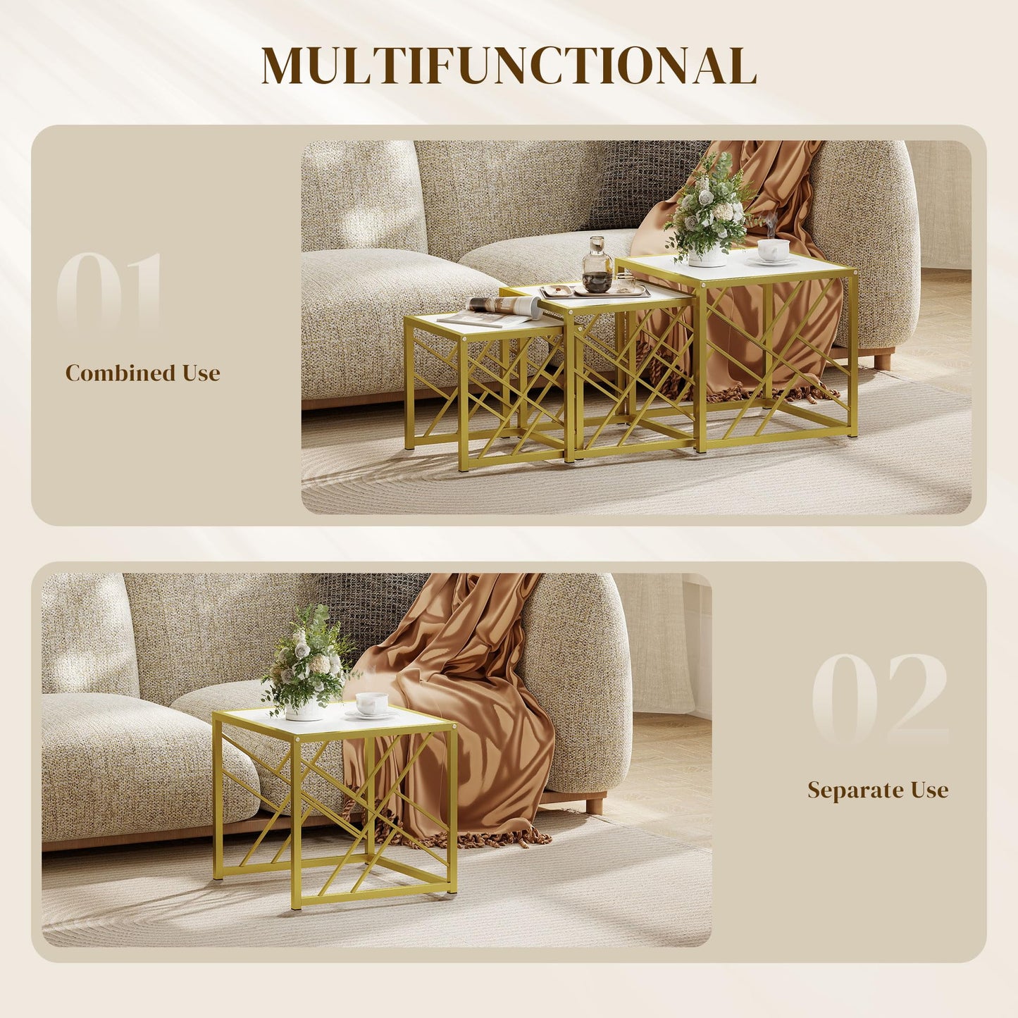 HOMCOM Nesting Coffee Tables, Set of 3 Square Side Tables with Black Metal Frame, for Living Room, Bedroom and Office, Grey