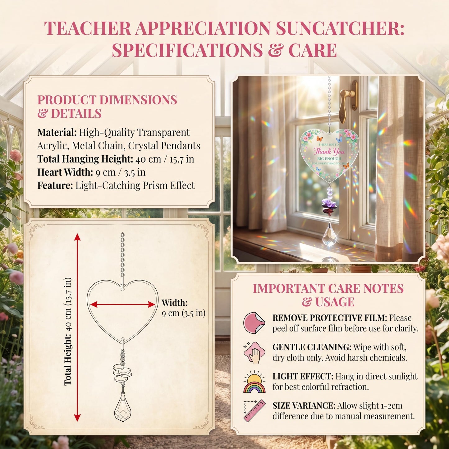 Teacher Gifts for Women Thank You Teachers Crystal Suncatcher Ornaments Teachers Day Graduation Retirement Christmas Birthday Appreciation Gift (Thanks)
