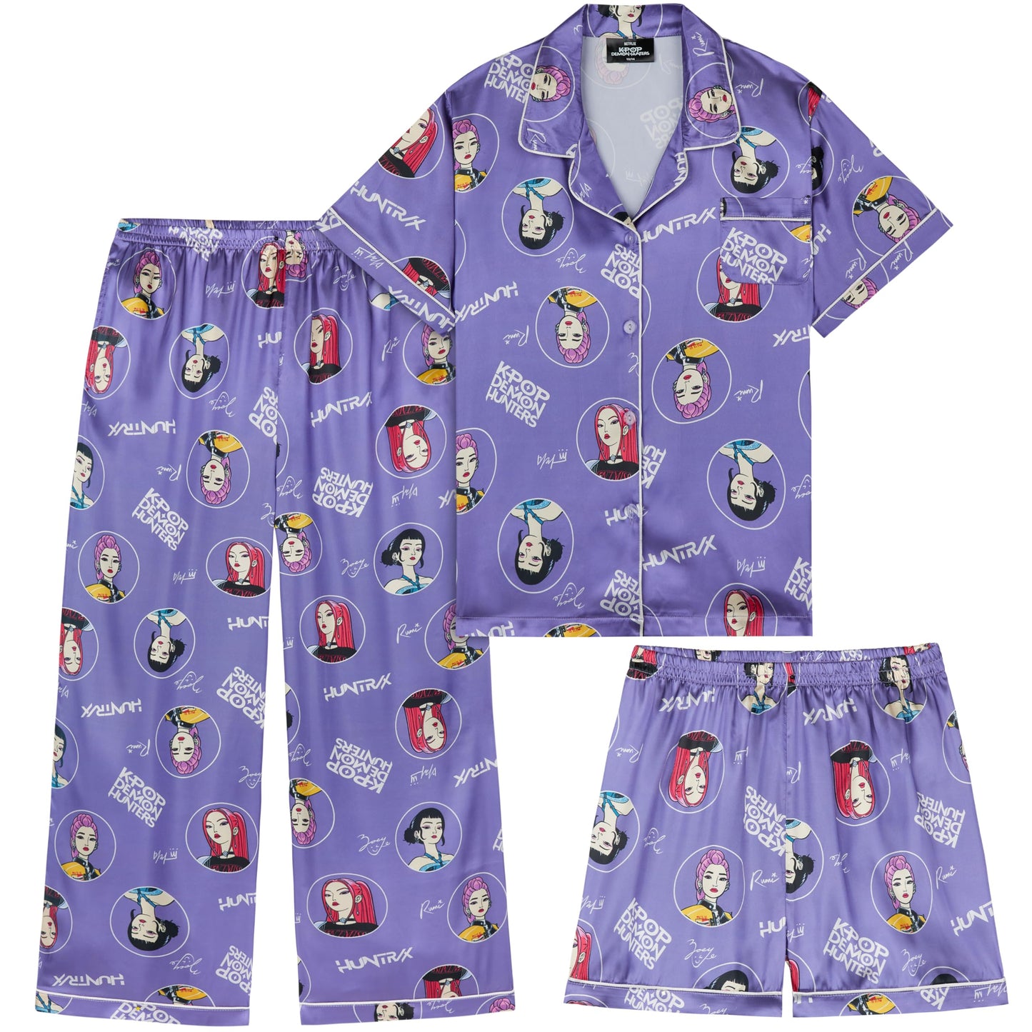 Get Trend KPop Demon Hunters Huntrix Girls Satin Pyjama Set 5-14 Yrs, 3 Pcs Button-Down Shirt, Pj Shorts & Loungewear Bottoms