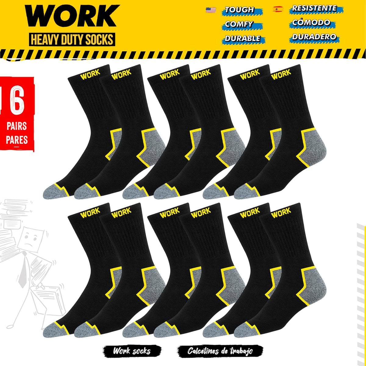 SOXCO 10 Pairs Men’s Work Socks, Black Crew Length | DRI-WIK Moisture Management Technology | Super Soft Cushioned Footbed | Reinforced Heel & Toe | Dura-Stretch Elastane | Pack of 6 or 10 Pairs