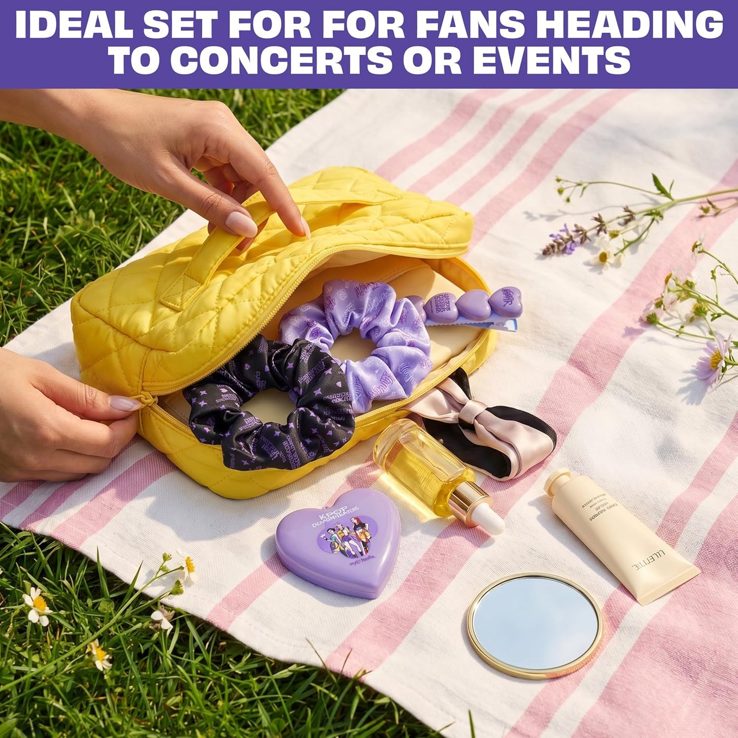 Get Trend Kpop Demon Hunters Huntrix Hair Accessories for Girls and Teens, 5 Piece Set with Hair Clips, Scrunchies & Foldable Hair Brush with Compact Mirror, For School, Outing and Travel, Kpop Gifts