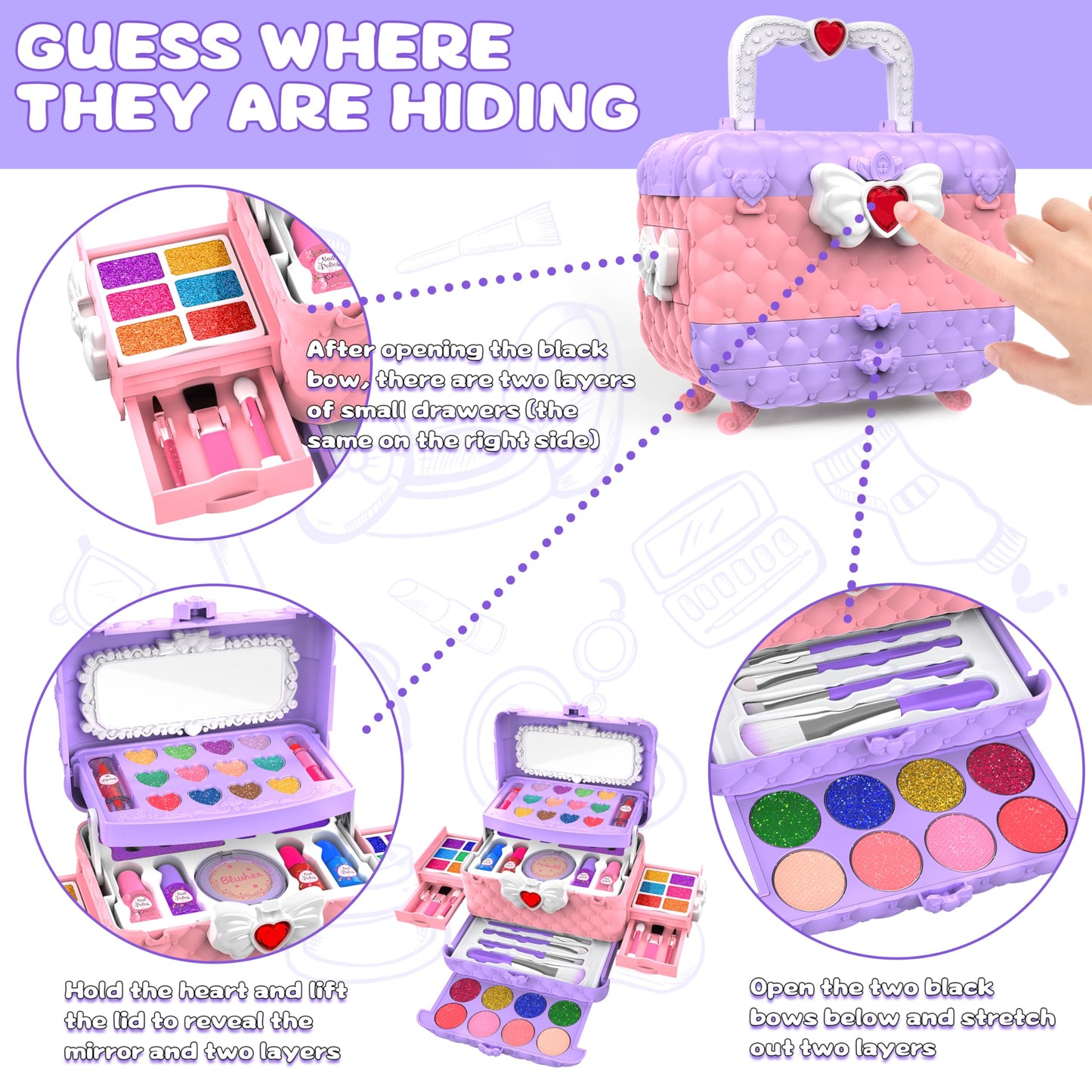 54 Pcs Kids Makeup Kits for Little Girls, Non-Toxic and Safe, Princess Real Washable Pretend Play Cosmetic Set Toys with Mirror, Birthday Gifts for 3 4 5 6 7 8 9 10-12 Years Old Girls Kids