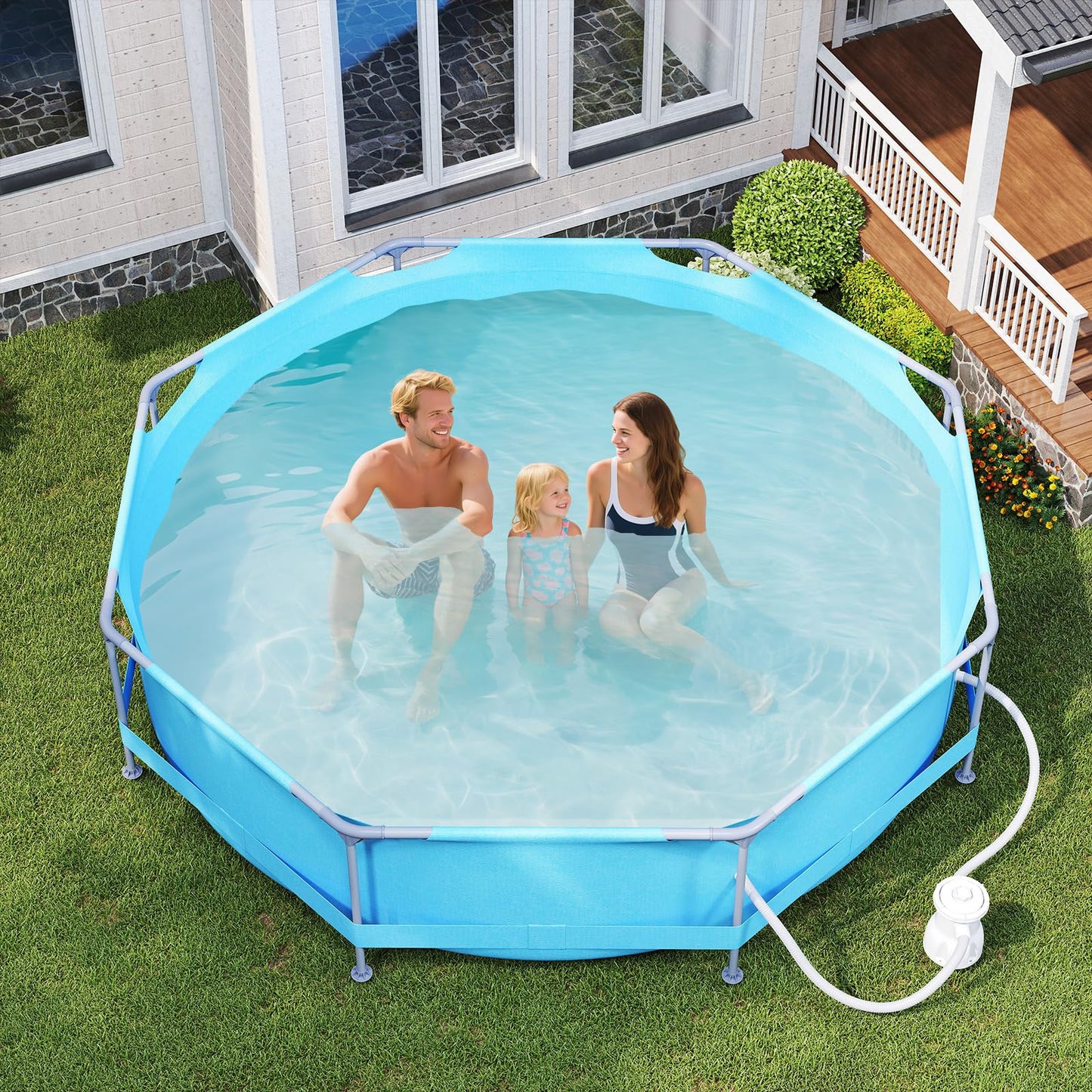 COSTWAY Above Ground Swimming Pool, Outdoor Round/Rectangular Large Framed Pool Set, Metal Frame Garden Family Pools for Kids and Adults (Gray, 300 x 207 x 66 cm, Rectangular)