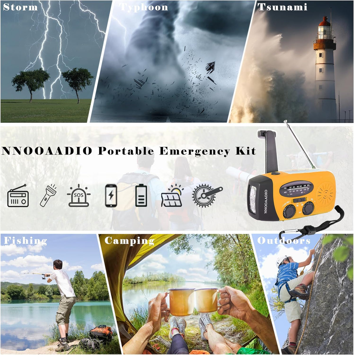 NNOOAADIO Wind Up Solar Hand Crank Radio, 2000mAh SOS Alarm for Camping