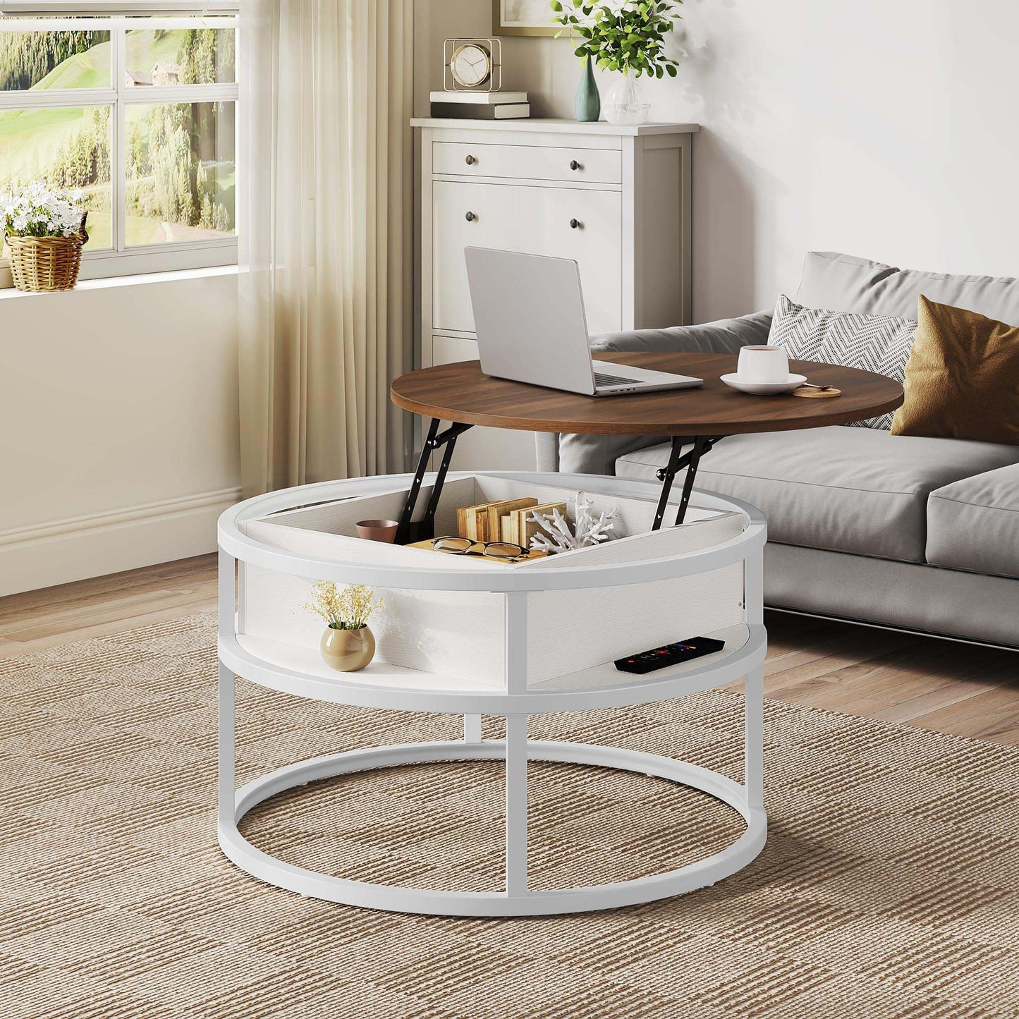 YITAHOME Coffee Table with Lift Top, lift up Coffee Table Round with Hidden Storage Compartment, 60x60x47cm